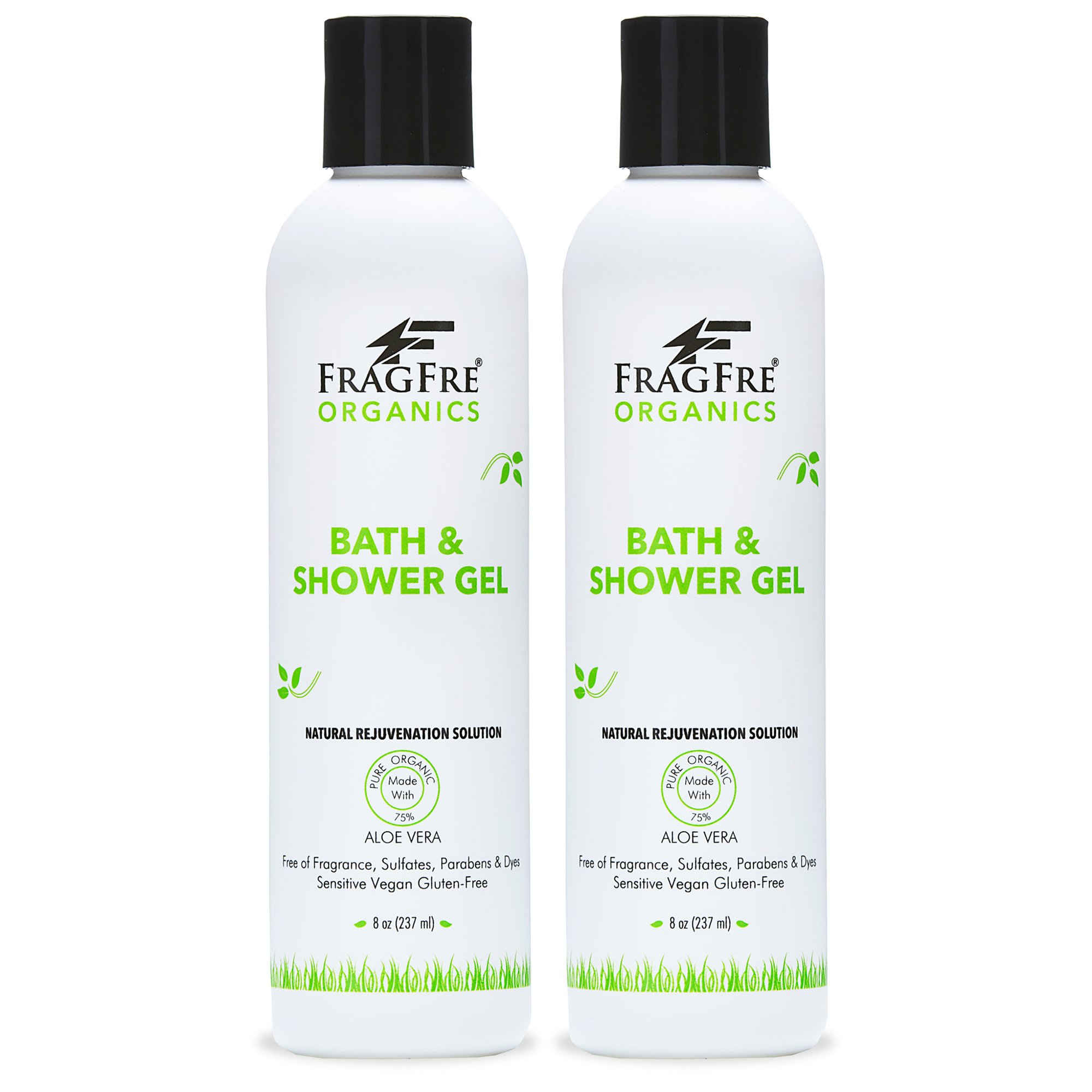 FRAGFRE Organic Shower Gel 2/Pack - Fragrance Free Sulfate Free Parabens Free - for Itchy Dry Sensitive Skins - 8 oz - Gluten Free Vegan Cruelty Free