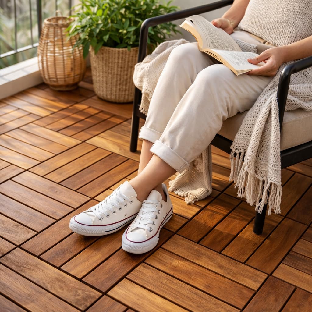 Set di Piastrelle in Legno di Acacia 30x30x2h cm - 12 Dogne Ciascuna, Pavimento Esterno, Giardino, Sistema a Incastro, per Terrazza, Patio, Resistente - Set da 36PZ