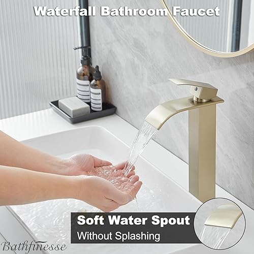 Miniatura 3 de Grifo de lavabo para lavabo, grifo de cascada dorado cepillado para lavabo de baño, mango único, un agujero, montaje en cubierta, grifo de fregadero