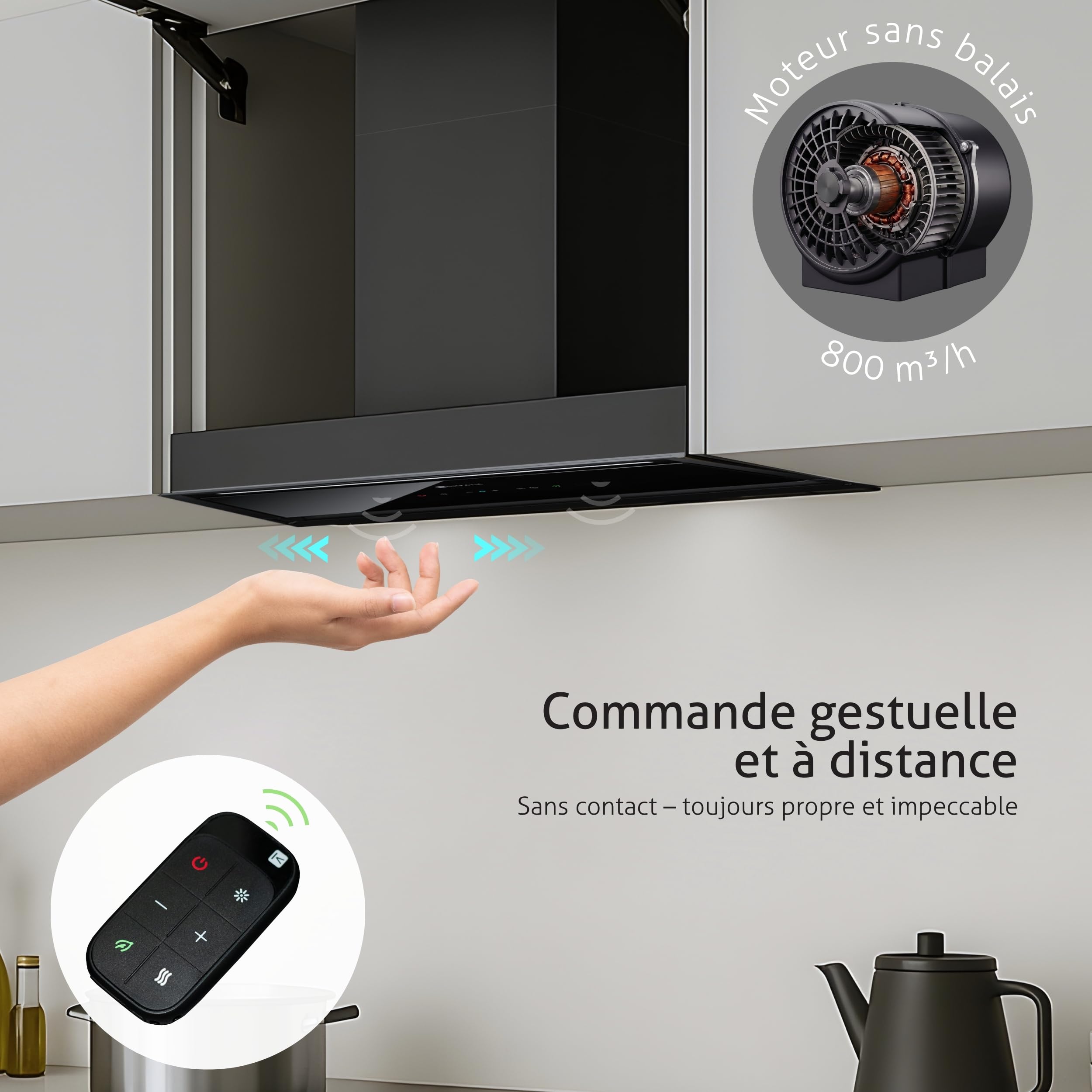 Yara 60 KPYR60BIB hotte encastrable 60 cm, 800 m³/h, classe A+, commande gestuelle/tactile, No Drip anti-condensation, télécommande, purification d’air, LED réglable, noir mat.