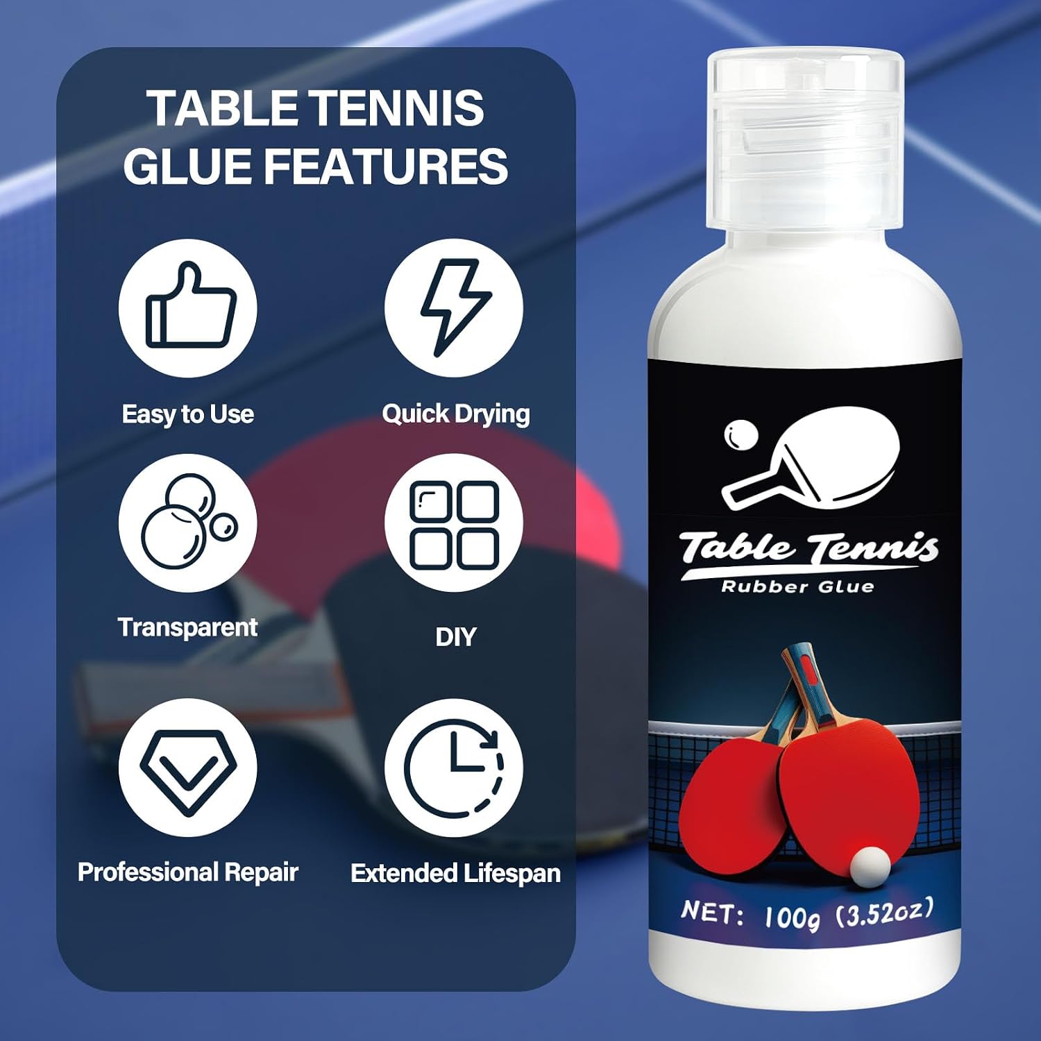 100ml Table Tennis Glue, Racket Adhesive for Rubber Replacement and Blade Maintenance, Ping Pong Paddle Glue with Sponge Applicators for Smooth Assembly