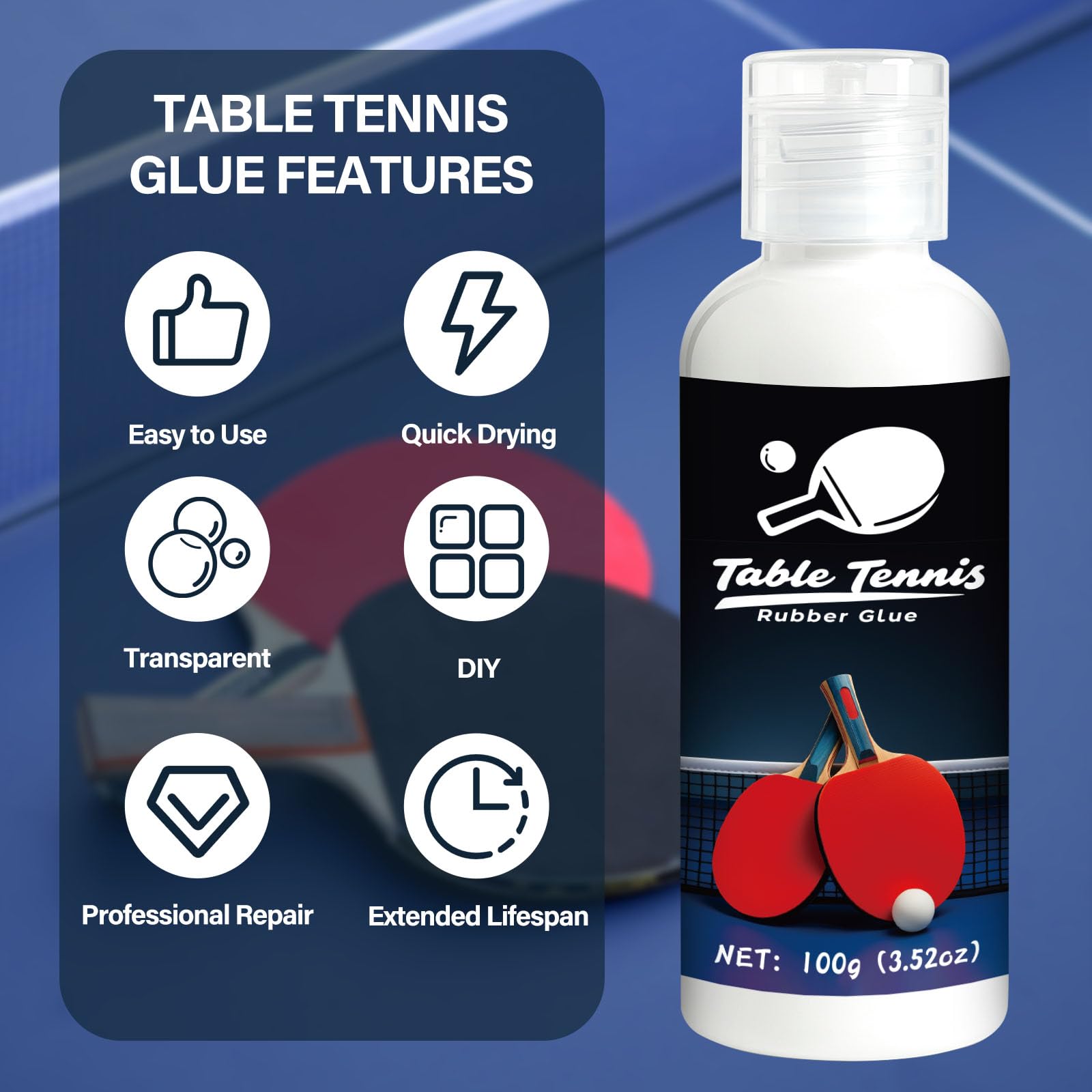 LAMXIN 100ml Table Tennis Glue, Adatta Per l'assemblaggio di Racchette Table Tennis con Design in Spugna Elastica, Quattro Spazzole in Spugna Per una Facile Sostituzione Della Gomma Della Racchetta