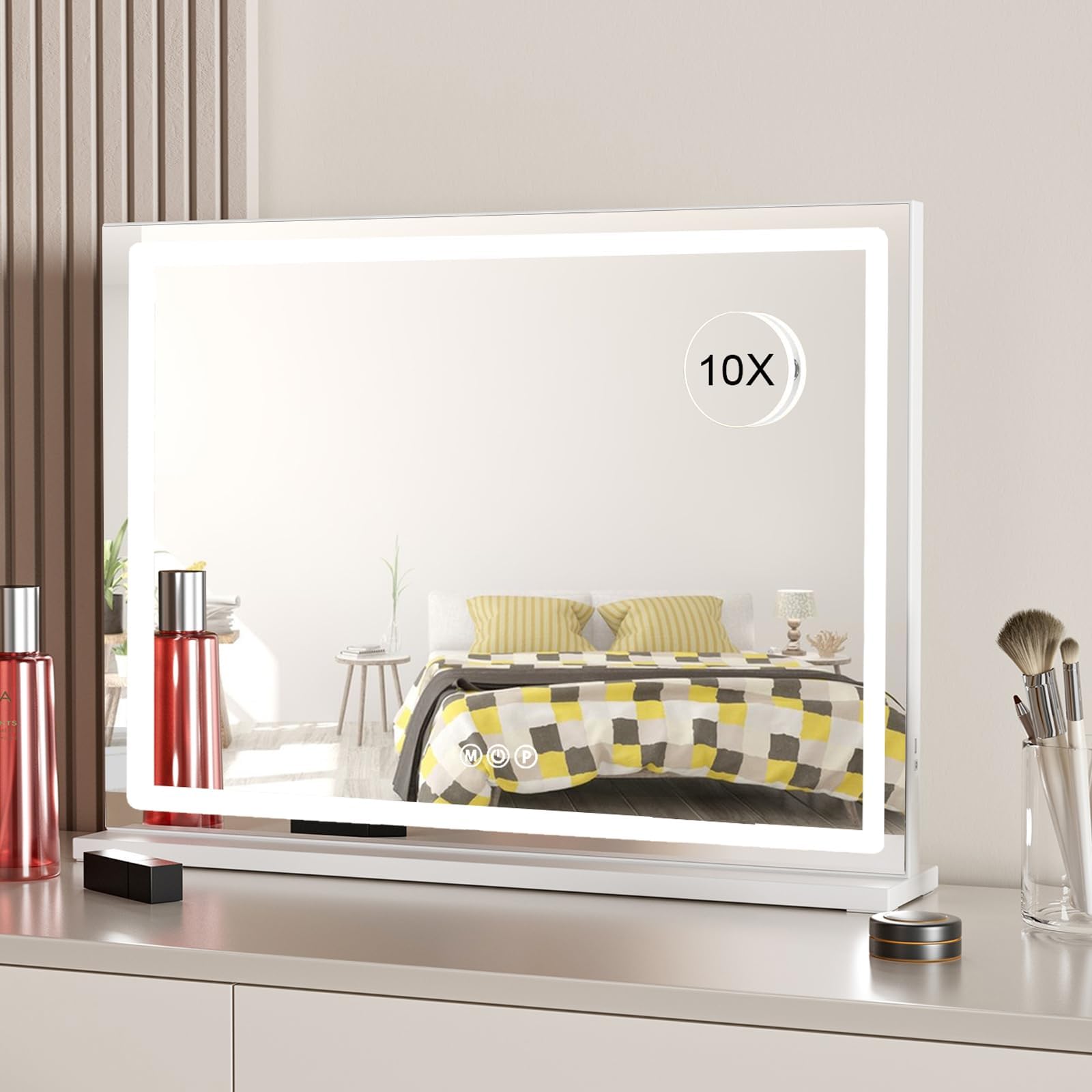 Hollywood Vanity Mirror with Lights, 10X Magnification Lighted Makeup Mirror with USB Charging, 3 Color Lighting Modes, Light Up Mirror for for Vanity Desk Tabletop, Touch Control, White