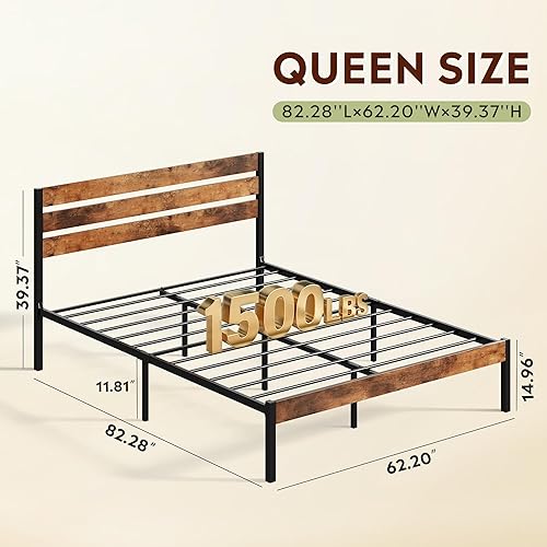 Miniatura 2 de WLIVE Base de cama Queen con cabecero, base de cama de plataforma de metal con almacenamiento debajo de la cama, base de colchón de 1500 libras, no