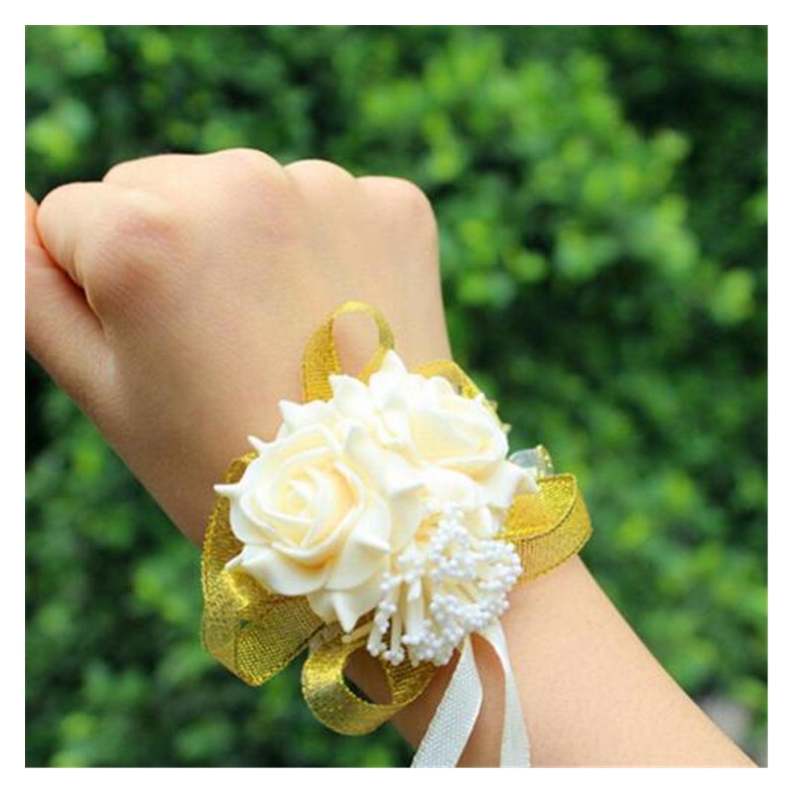 TXLEAPEY Foam Rose Flowers Bridal Bridesmaid Wrist Corsage Wedding Party Ribbon Bracelet(Champagne)