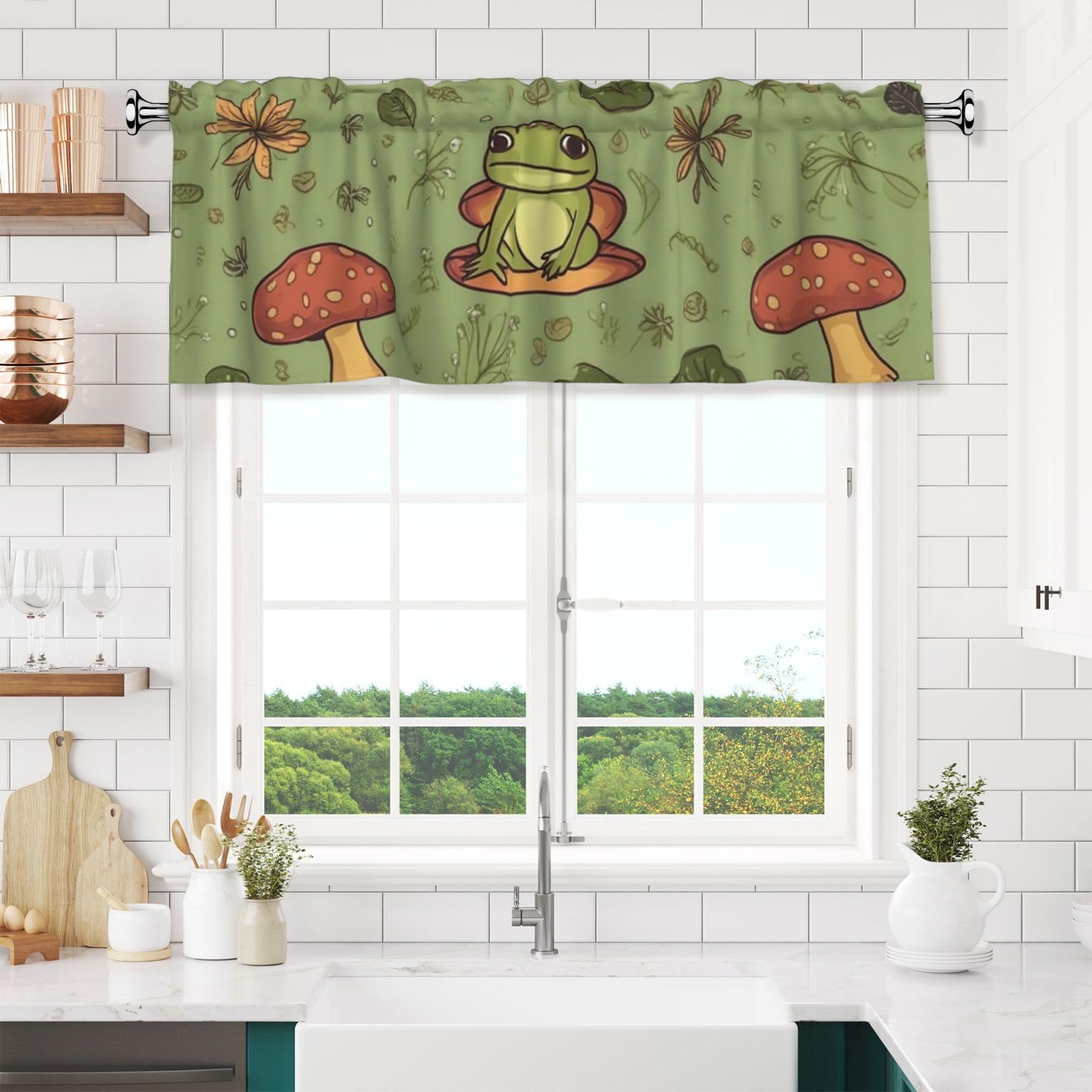 NONHAI Frogs and Mushrooms Valances for Windows Short Curtains Rod Pocket Cafe Window Treatments Valance Curtains for Kitchen Bathroom Laundry Basement Windows 54x18inch Blackout Window Valance