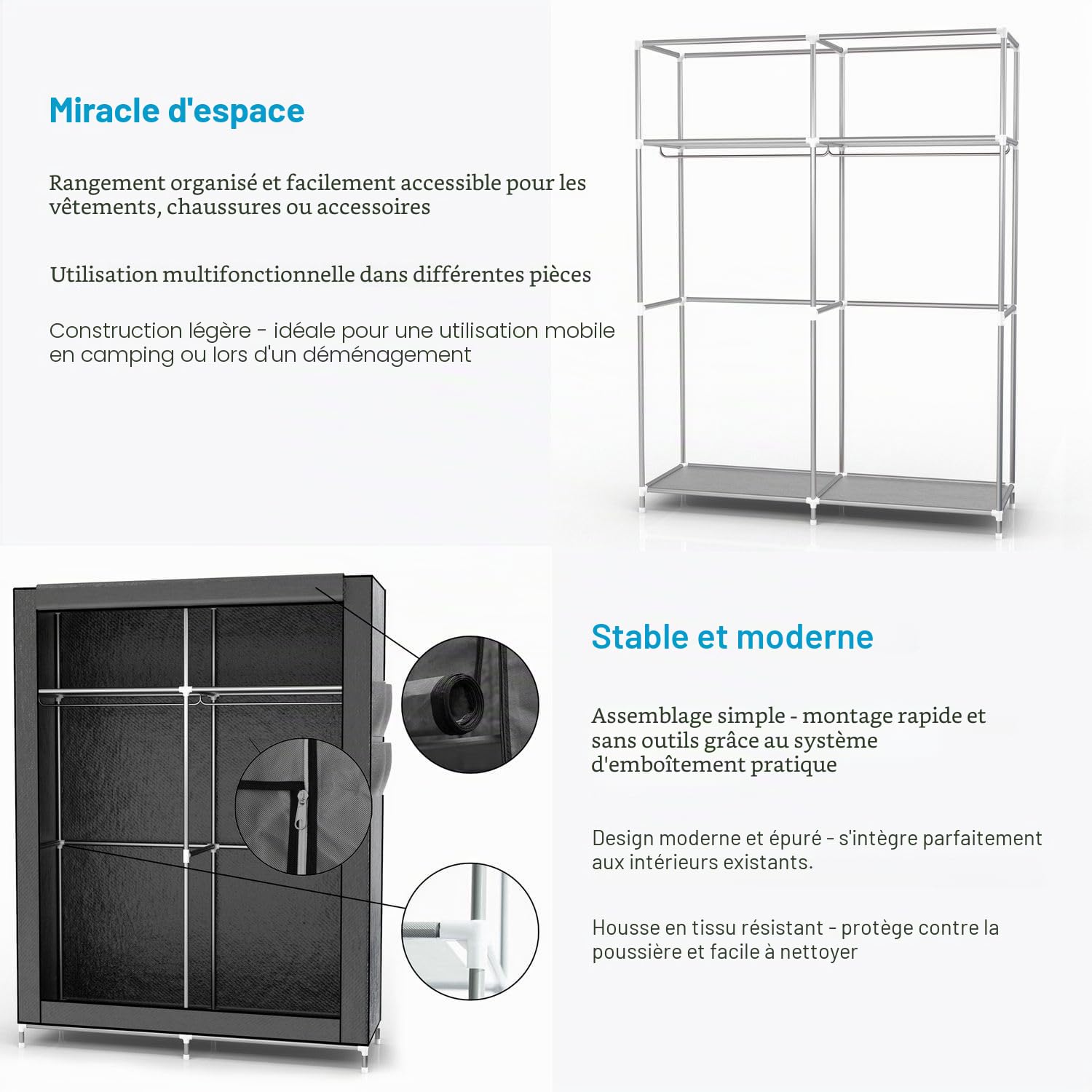 Intirilife Armoire Pliante 108x170x45 cm en Gris Cash - Armoire en Tissu avec Fermeture éclair avec Tringle à vêtements, Poche latérale et Compartiments - Étagère enfichable, Cadre métallique