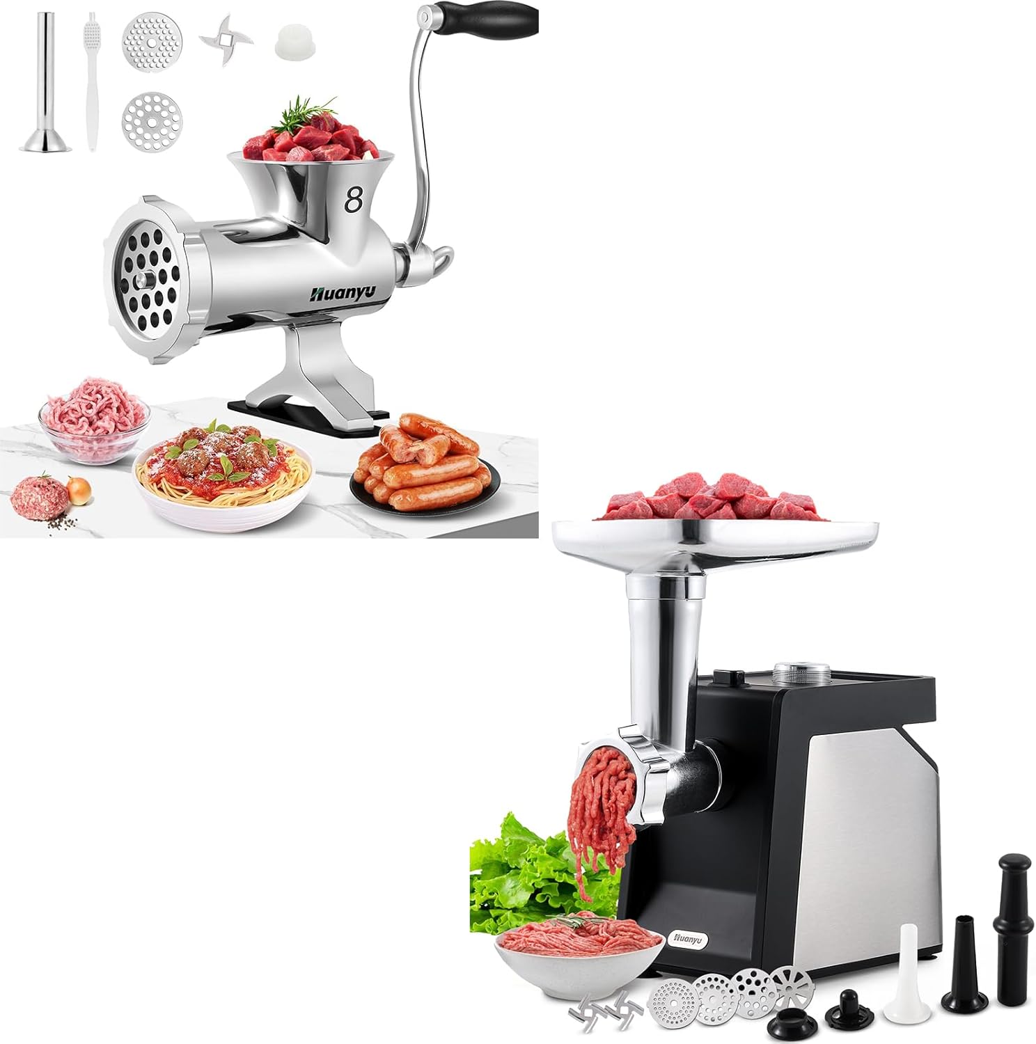 Huanyu Meat Grinder Manual Stainless Steel Sausage Stuffer Meat Mincer NO.8 and Huanyu Electric Meat Grinder with 2 Blades, 4 Plates, Sausage Tube and Kubbe Kit 800W Bundle