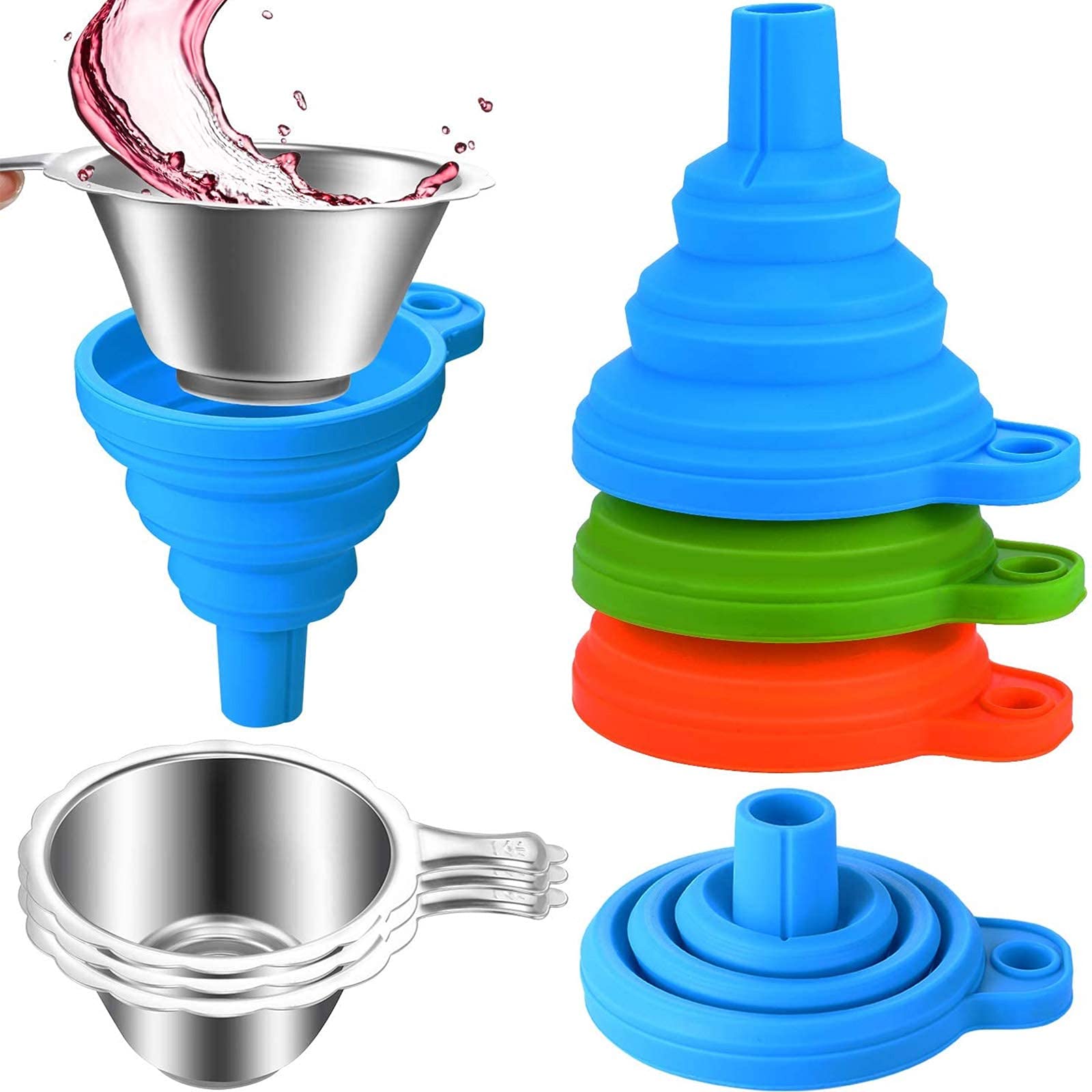 6 Pack 3D Printer Accessories Include Collapsible Silicone Funnels and Stainless Steel Resin Filter Cups for Pouring Resin Back into Bottle