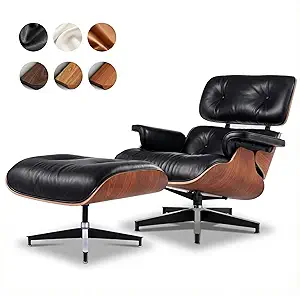 Top Black Grain Leather, Mid Century Chaise Lounge Chair and Ottoman, Leather Accent Chair, Modern Reading Chair, Classic Design, Heavy Duty Base Support for Living Room Lounge Office, Palisander
