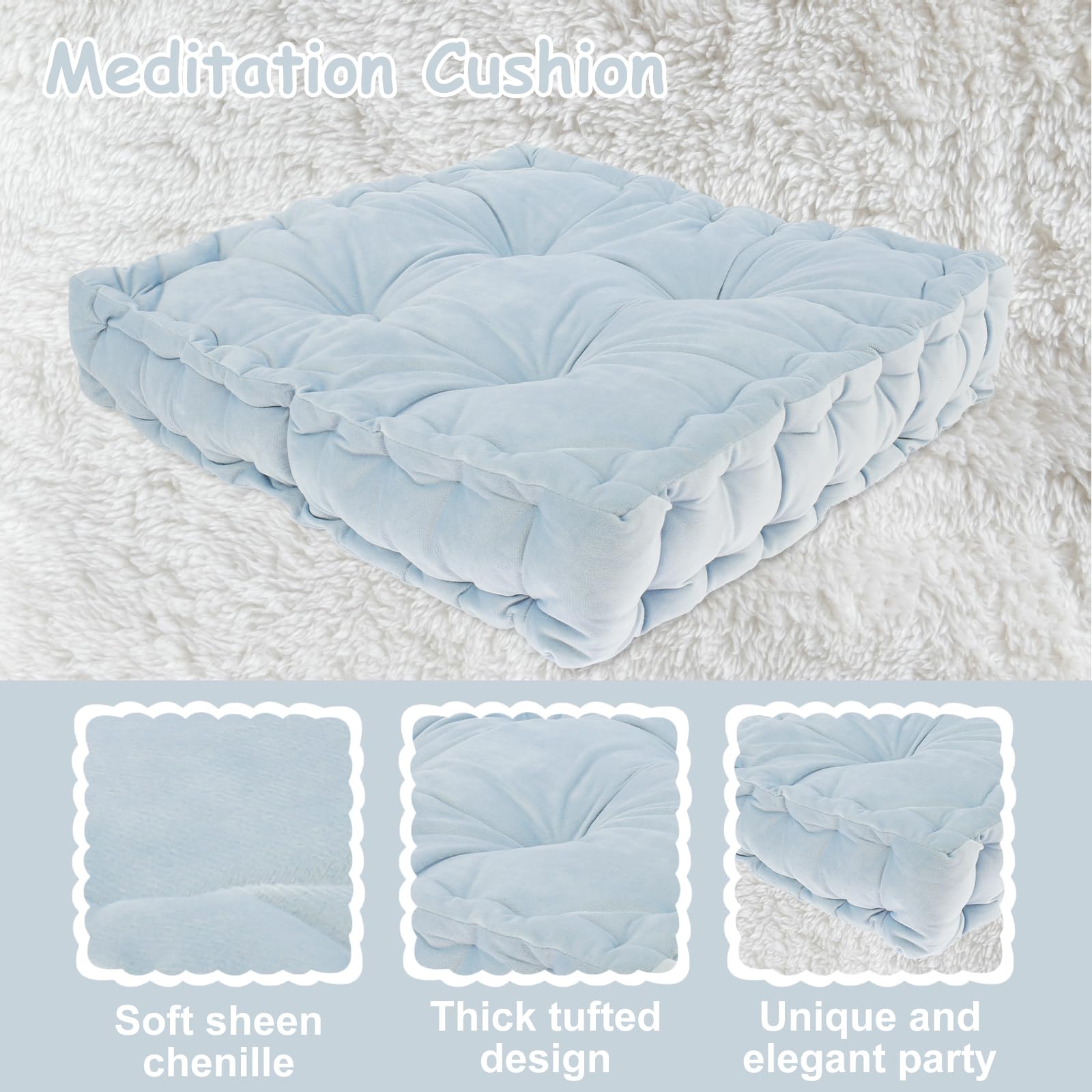 Meditation Floor Pillow, Pillows Seating for Adults, Soft Comfortable Floor Cushions, Large Pillows Seating Tufted Thick Floor Pillow, Square Floor Pillow for Yoga Living Room Sitting (Blue)
