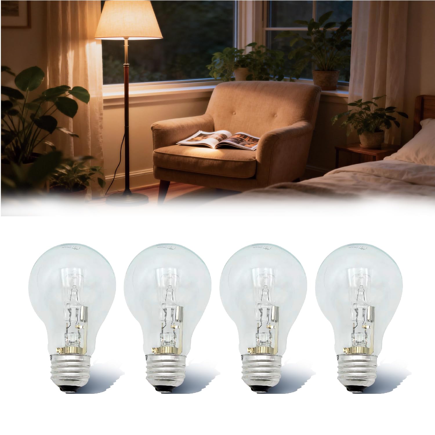 GrandEast 78796 Halogen Bulbs 43W A19 120V E26 Base - 60W Replacement 760 Lumens 4-Pack Equivalent to 53W