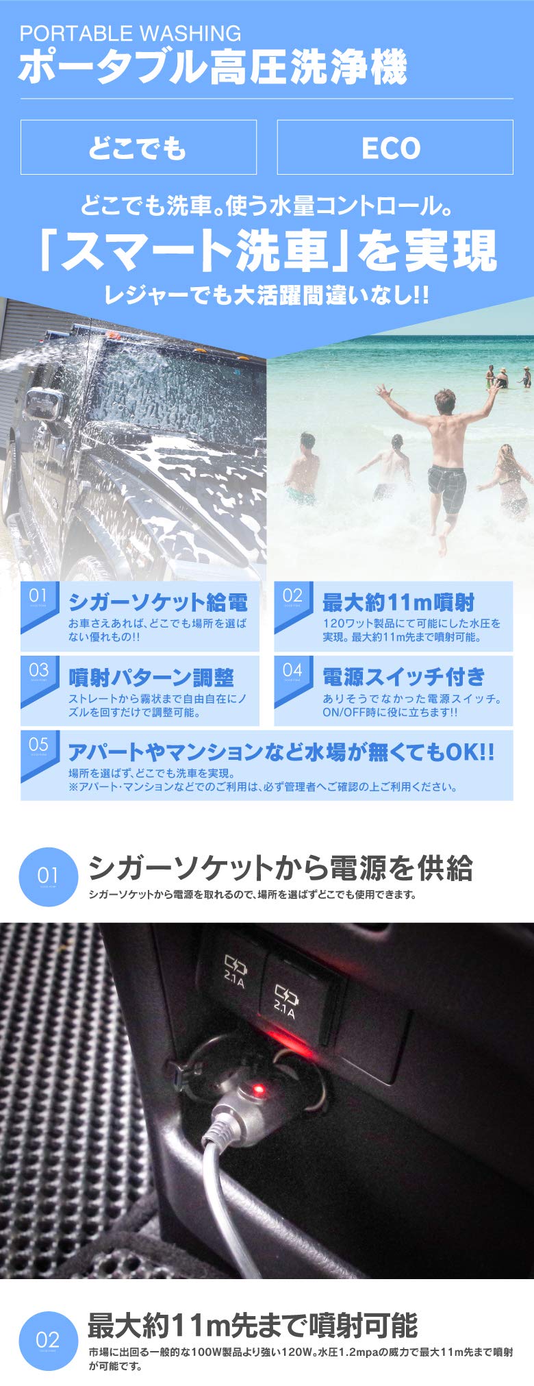 Amazon | アズーリプロデュース ポータブル 高圧洗浄機 持ち運び