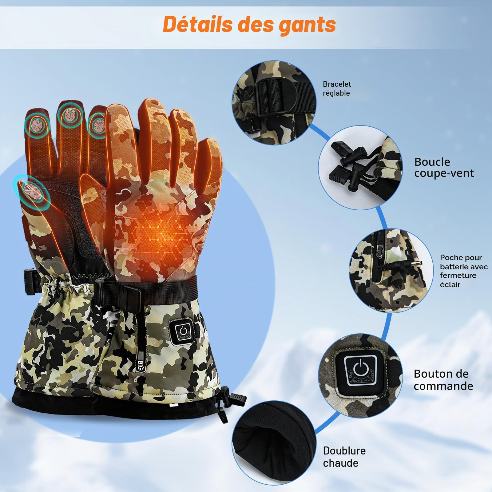 Gants Chauffants pour Hommes et Femmes, Batterie Rechargeable 7,4V 3000mAh avec écran Tactile, Gants Chauffants pour Le Ski, Chauffe-Mains pour l'hiver, Le Ski, la (XL)