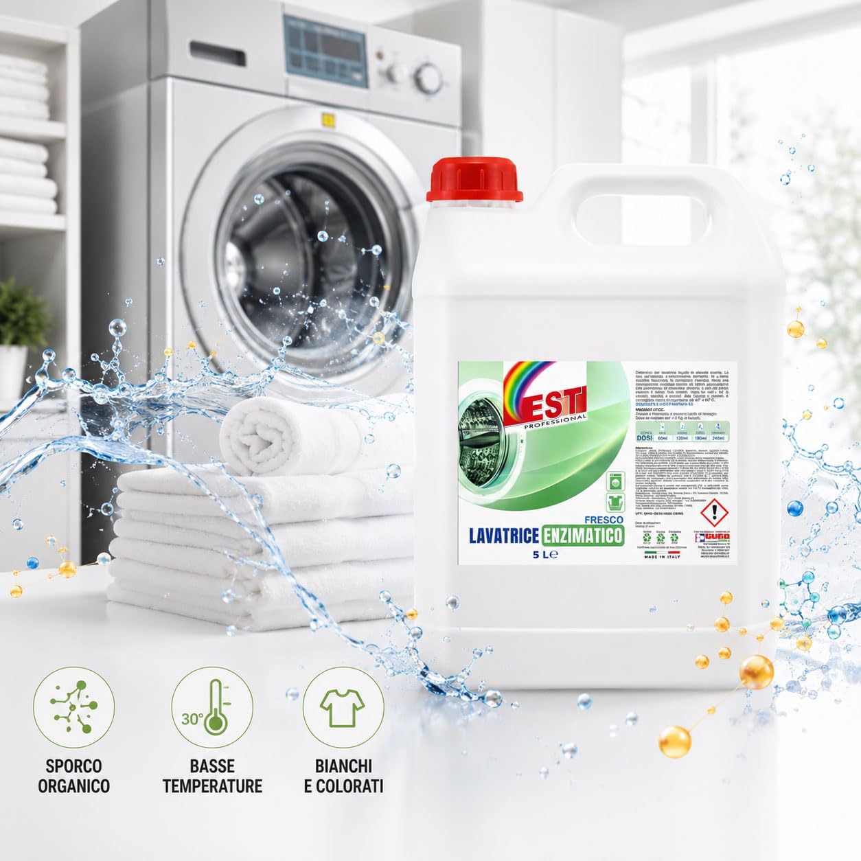 Detersivo Lavatrice Enzimatico Professionale 10L, 200 Lavaggi - Rimuove Macchie Ostinate da Tessuti Bianchi e Colorati, Cotone e Sintetici, Freschezza Duratura