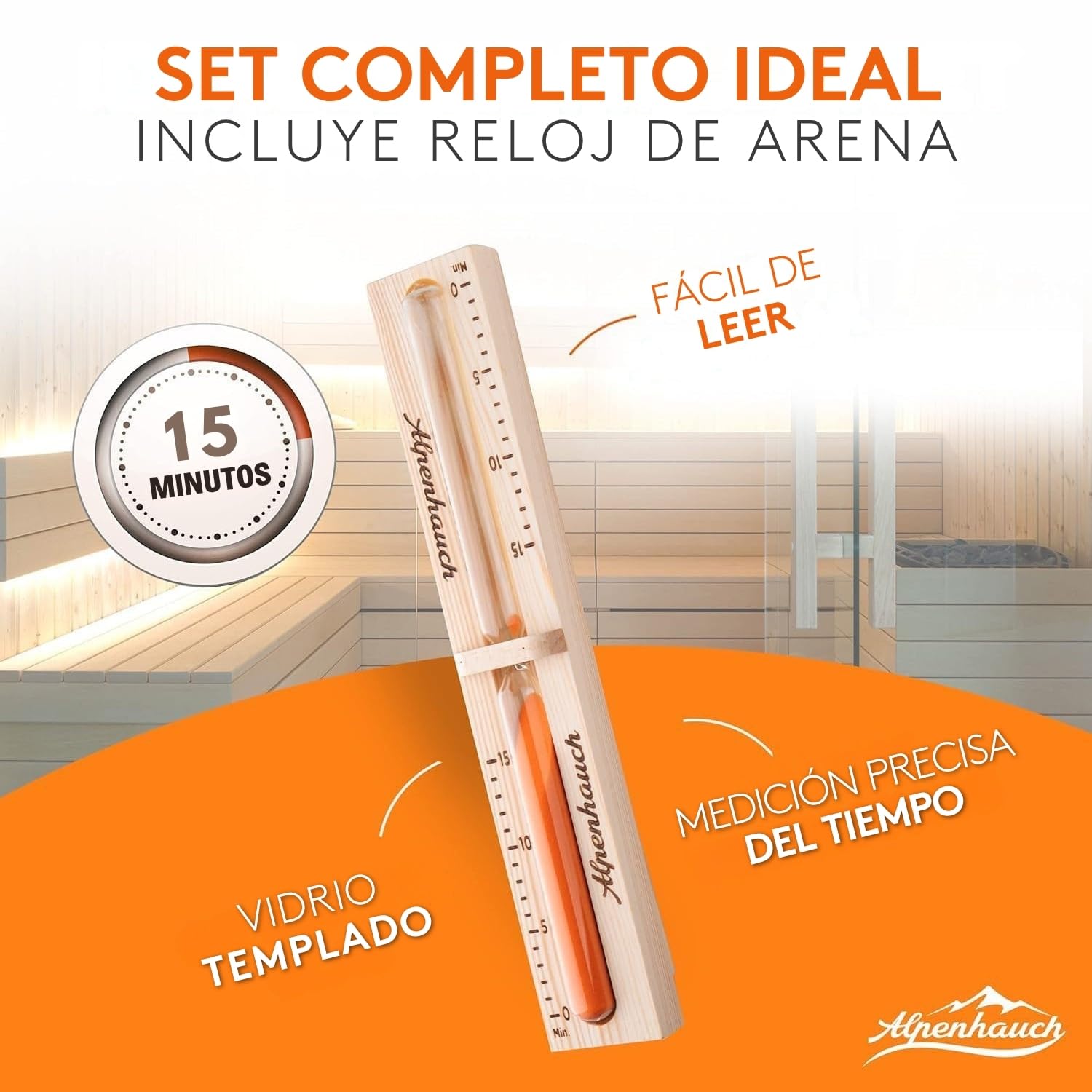 ALPENHAUCH Cubo de sauna con cuchara [100% madera natural] - Cubo de sauna elegante con reloj de arena y termómetro - Accesorios duraderos para sauna - Juego de cubo para sauna (cubo de sauna con