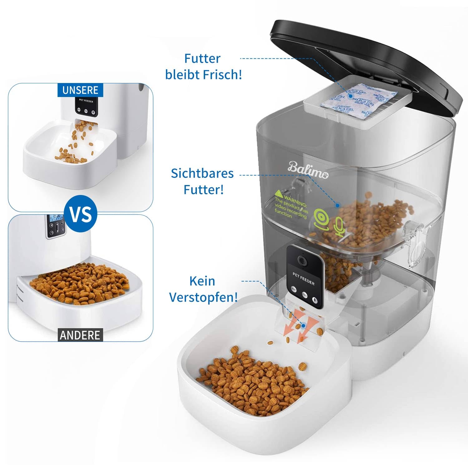 Balimo Distributore Automatico Cibo Gatti con Telecamera 1080P, 2.4G WiFi Dispenser Crocchette Gatto, 4L Distributore Automatico Cibo Cani con APP Video Audio Visione, Da 1 a 8 pasti al giorno