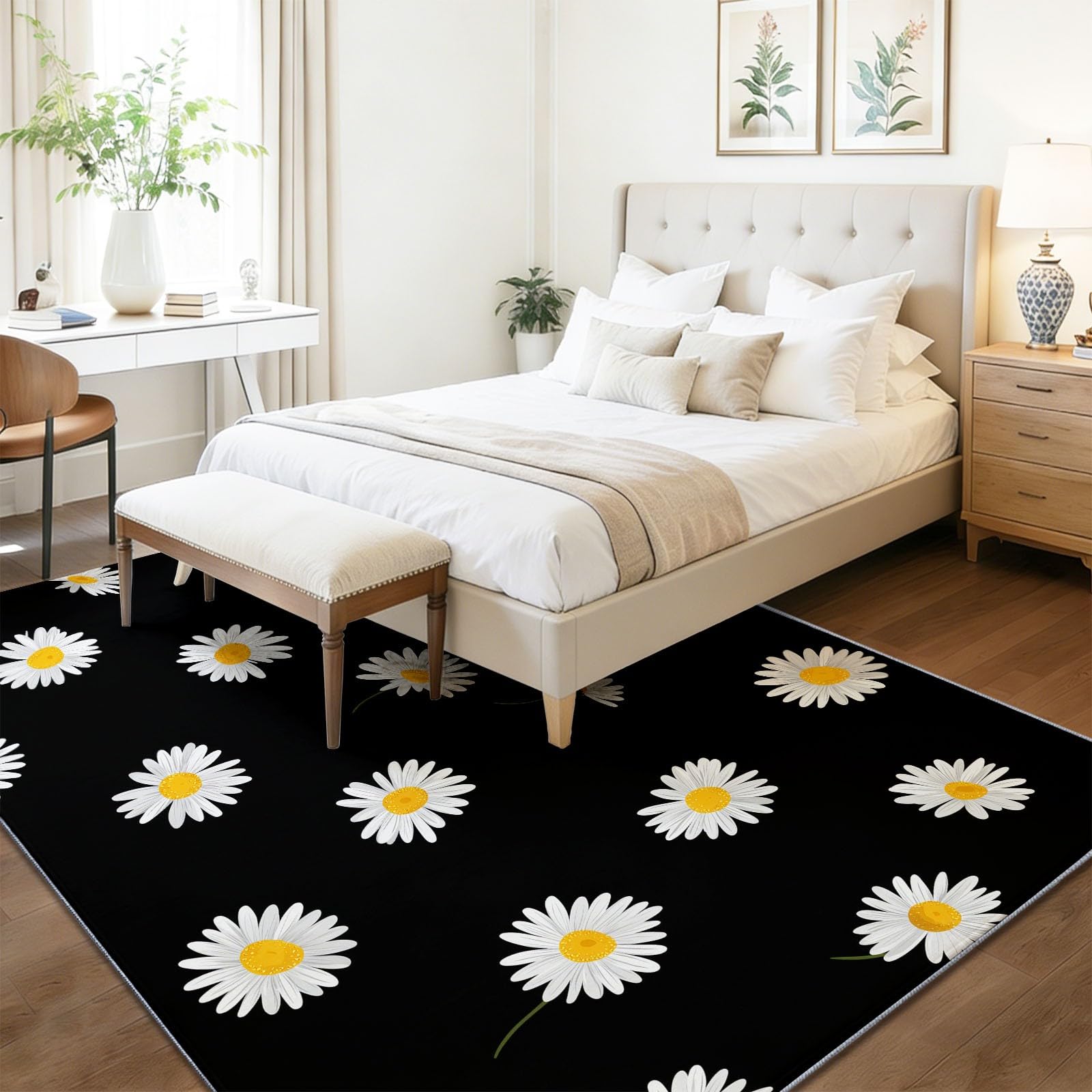 Dywan można prać w pralce, przy wejściu, 160 x 230 cm, dywan w stylu nordyckim, stokrotka, dywan botaniczny, czarny, biały, niski runo, nie gubi włosia, do wizualnego kontrastu, uporządkowany dywan w