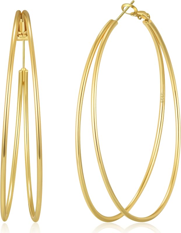 Large Thin Double Hoop Earrings for Women Lightweight Hypoallergenic 925 Sterling Silver Post 14K Gold Hoops Non Tarnish Sturdy Big Thin Double Layered Hoop Earrings 30/40/50/60mm