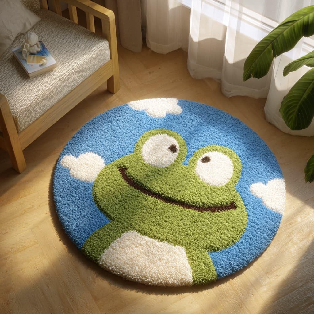 kitphoenix Round Shape Latch Hook Kits Rug Frog DIY Cushion Rug Carpet Making Crochet Hook Kits Preprinted Pattern Canvas Cushion Yarn Hooking Kits Mat Kits 50X50Cm