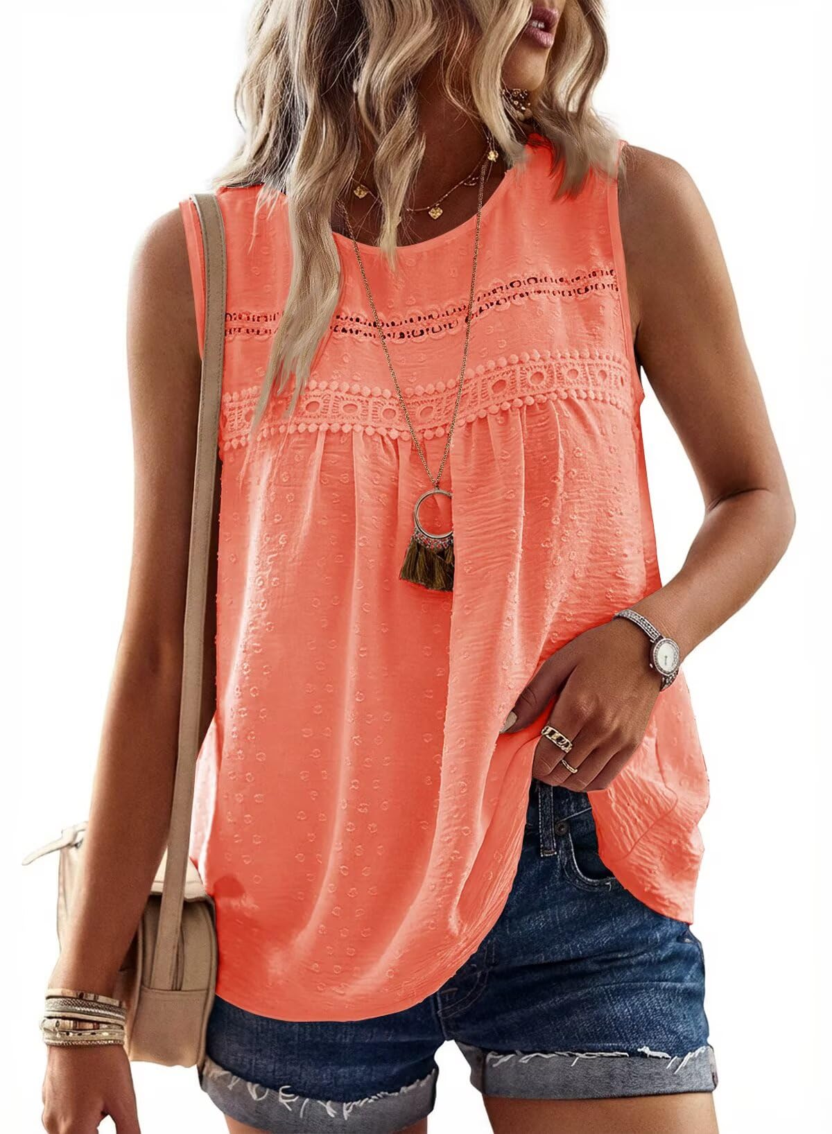 Falechay Tank Tops for Women Flowy Boho Cute Swiss Dots Sleeveless Shirts | Crewneck Loose Fit Summer Blouses, Daily Casual, Hide Belly Fat, Cute Lace Hem Ladies Tunic, Babydoll Crochet Trendy Clothes