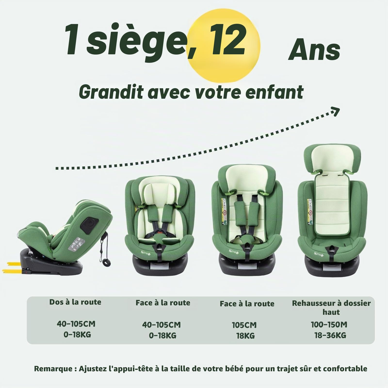 Siège Auto Enfant i-Size Pivotant 360° avec ISOFIX et Top Tether, Testé ADAC, pour Nourrisson et Enfant de 0 à 12 Ans (40-150 cm), Housse Lavable, Groupe 0/1/2/3, Gris