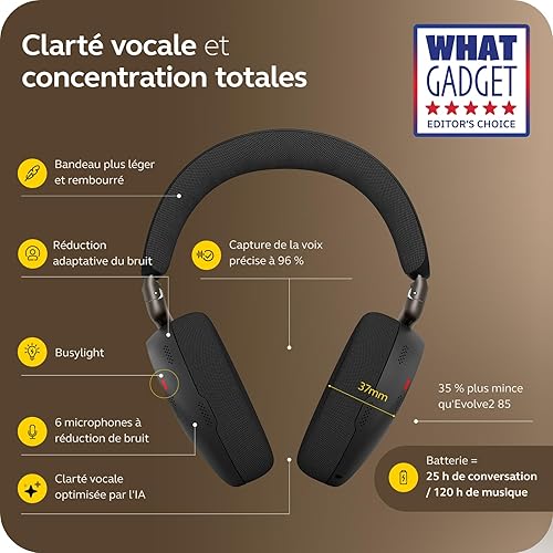 Jabra Evolve3 85 Casque Over-Ear Bluetooth sans Fil avec Micro et Station de Charge pour Travail, USB-C, IA Appel Vocal, ANC Adaptative, 25h, Compatible Applications de réunion, Noir - 3
