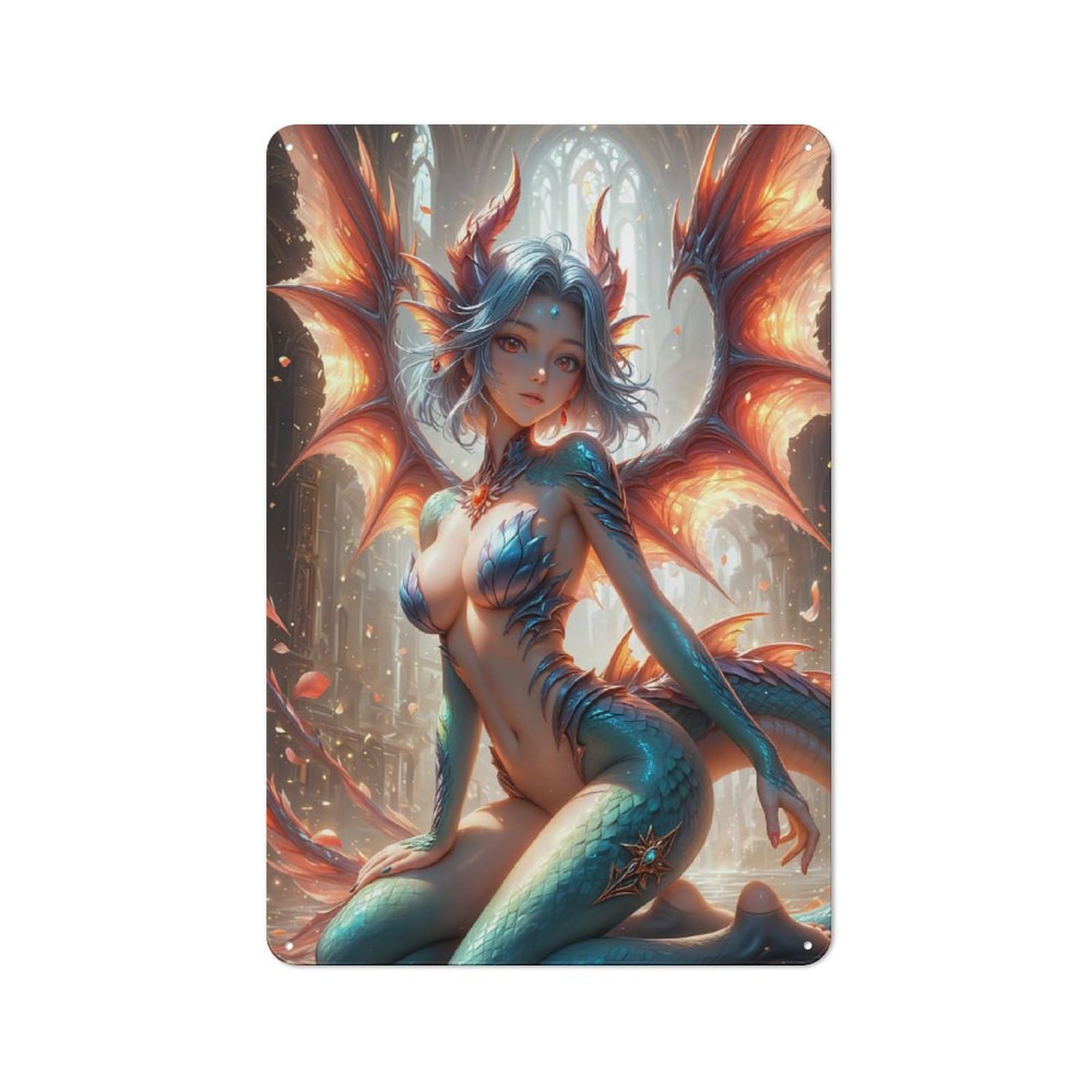 Fantasy Dragon Girl Character Metal Wall Decor 30x20cm, Vintage Metal Sign for Home, Shop, Pub Or Studio Wall