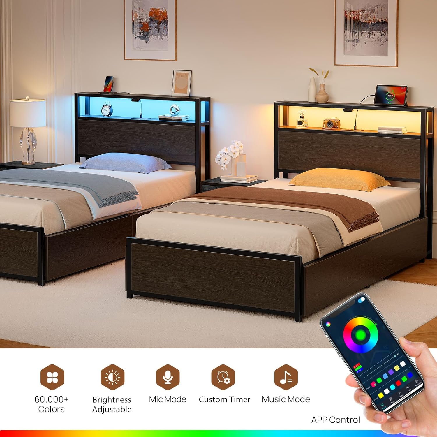 Rolanstar Twin Bed Frame with 4 Storage Drawers, Charging Station and LED Lights, Metal Platform Bed with 2-Tier Storage Headboard, No Box Spring Needed, Easy Assembly, Noise-Free, Black - Image 6