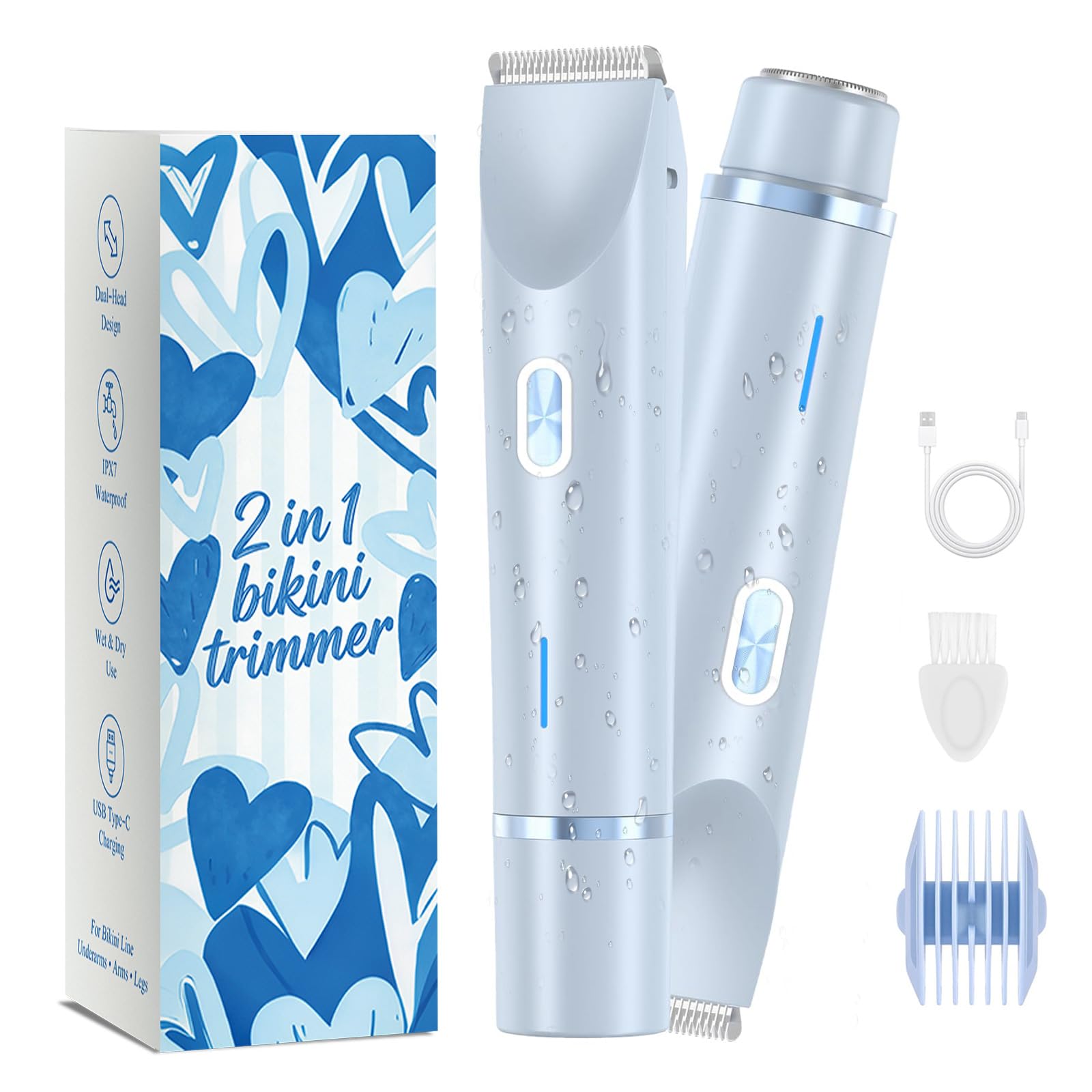 Rasoio per bikini da donna, rasoio elettrico 2 in 1 a doppia testa e rasoio per il corpo, rasoio elettrico senza fili e impermeabile, per donne, depilazione indolore con finitura setosa, blu2