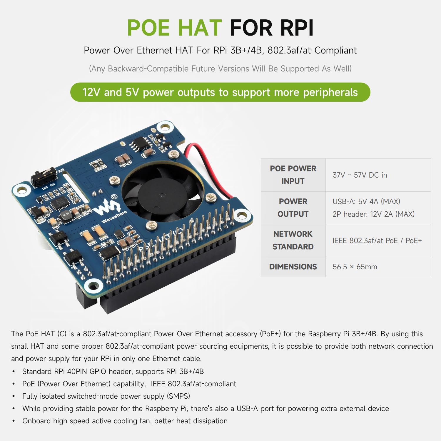 Waveshare PoE Hat (C) For Raspberry Pi 3B+/4B, 802.3af/at Power-Sourcing Equipment Required