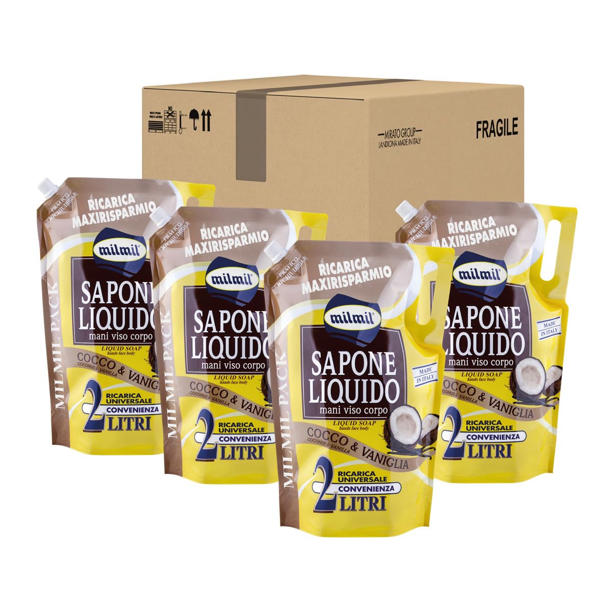 Milmil Sapone Liquido, Fragranza Cocco, Ricarica Universale Maxirisparmio, Dermatologicamente Testato - 4 x 2000 ML