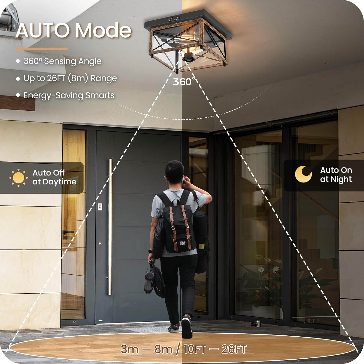 Outdoor Ceiling Light with Motion Sensor, Flush Mount Porch Ceiling Lights Outdoor, 2-Light Farmhouse Metal Close to Ceiling Light Fixture for Patio, Hallway, Garage, Rustic Brown FT09XD05W1