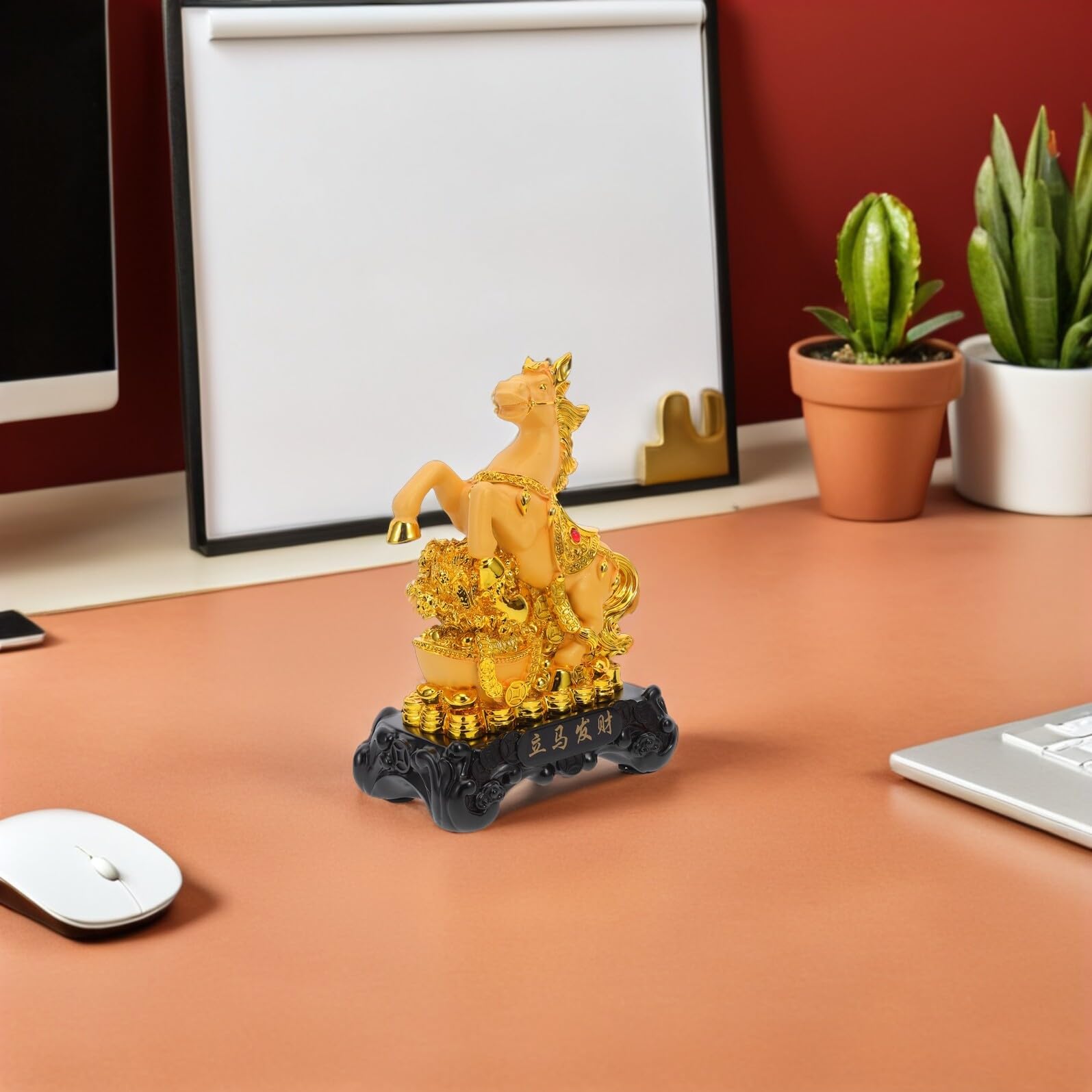 OSALADI Sculpture Cheval Doré en Résine 150X90X220Mm pour Décoration Feng Shui Bureau et Salon Année du Cheval Signe de Réussite et Chance