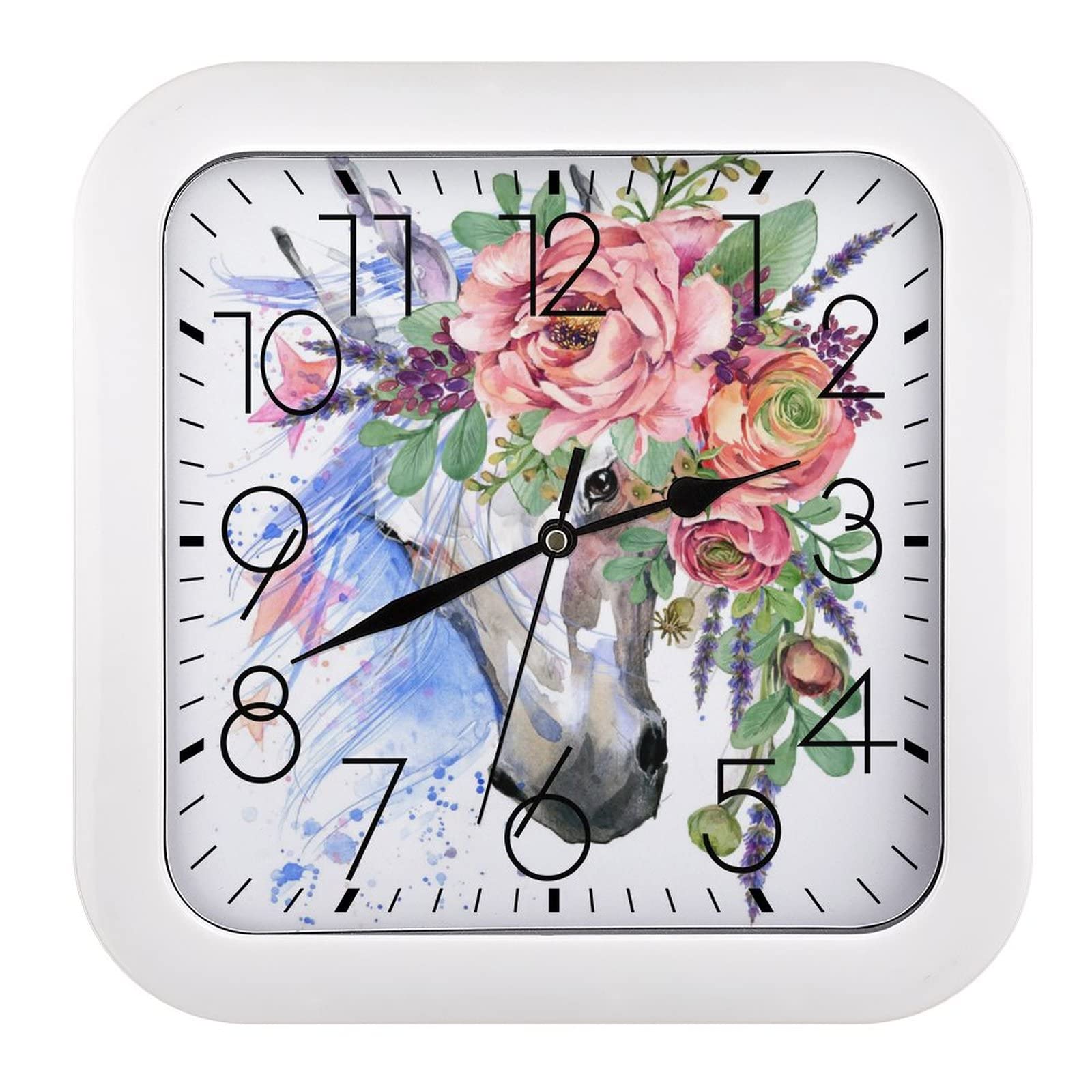 Pendule Murale Silencieuse Cheval Blanc Moderne Horloge 26x26cm pour Maison et Bureau