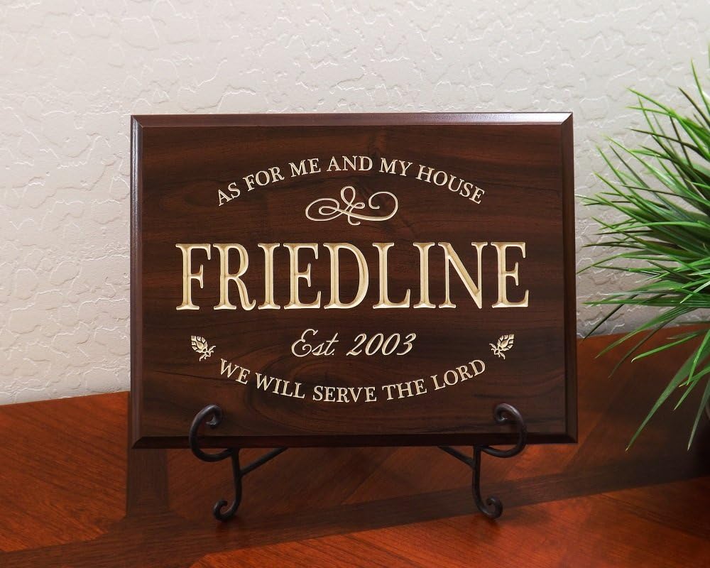 Timber Creek Design Decorative Carved Wood Sign Personalized with Family Name, Year Established and Quote "As for me and my house, we will serve the Lord" 3D Carved 12"x9" Faux Cherry