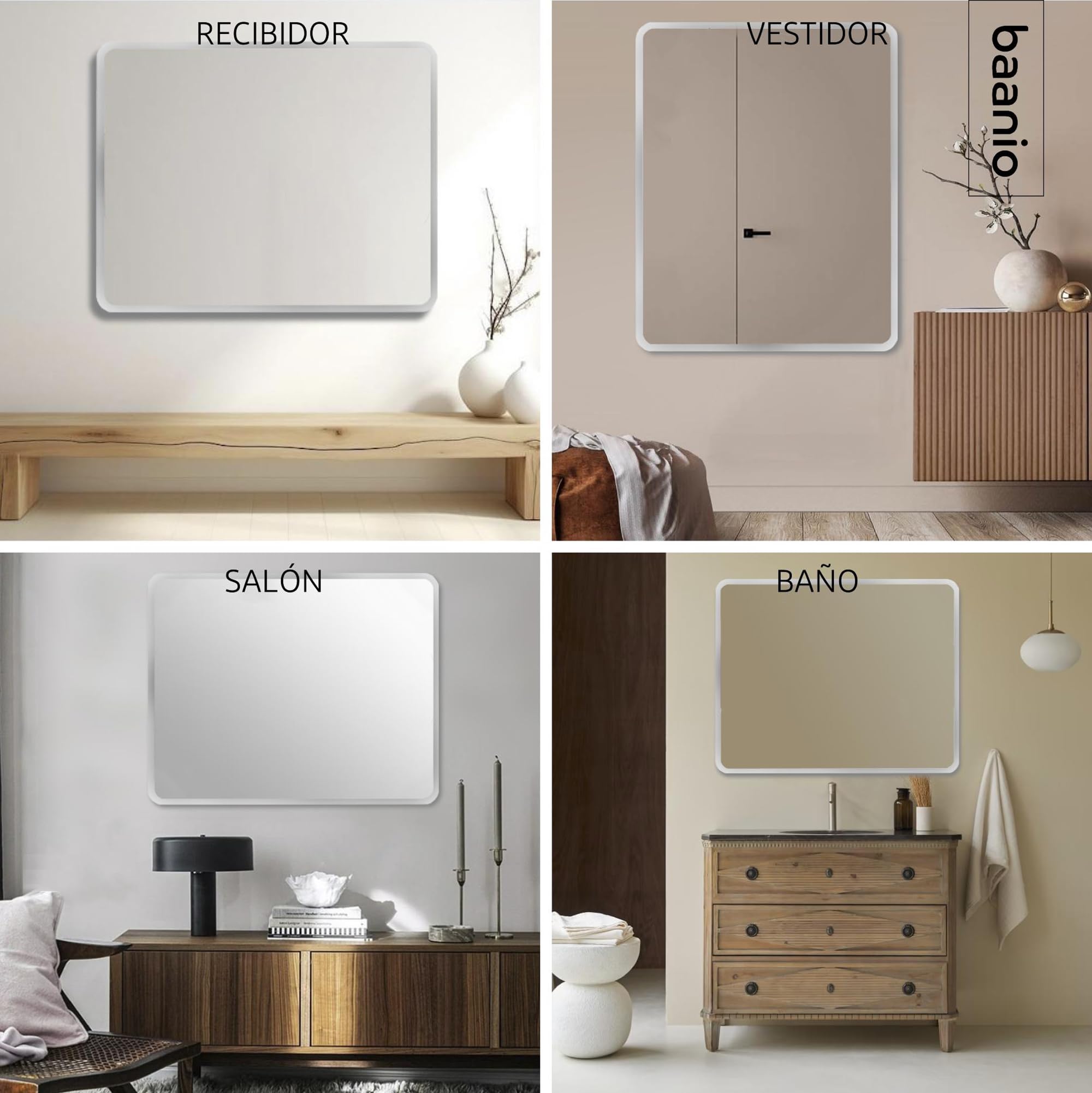 Nuve - Espejo Baño Luz LED Fría Rectangular 80x100 | Espejo Retroiluminado Esquinas Redondeadas y Decorado Mate | Plata Ecológica de 4 mm | Montaje Horizontal o Vertical