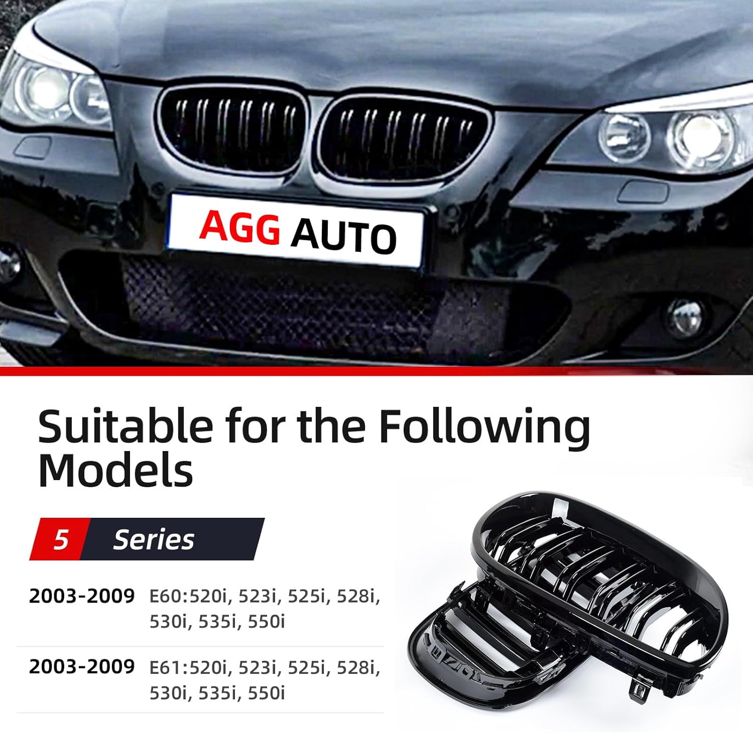 AggAuto Front Kidney Grille Glossy Black Double Slats Compatible with BMW E60/E61 5 Series 2003-2009