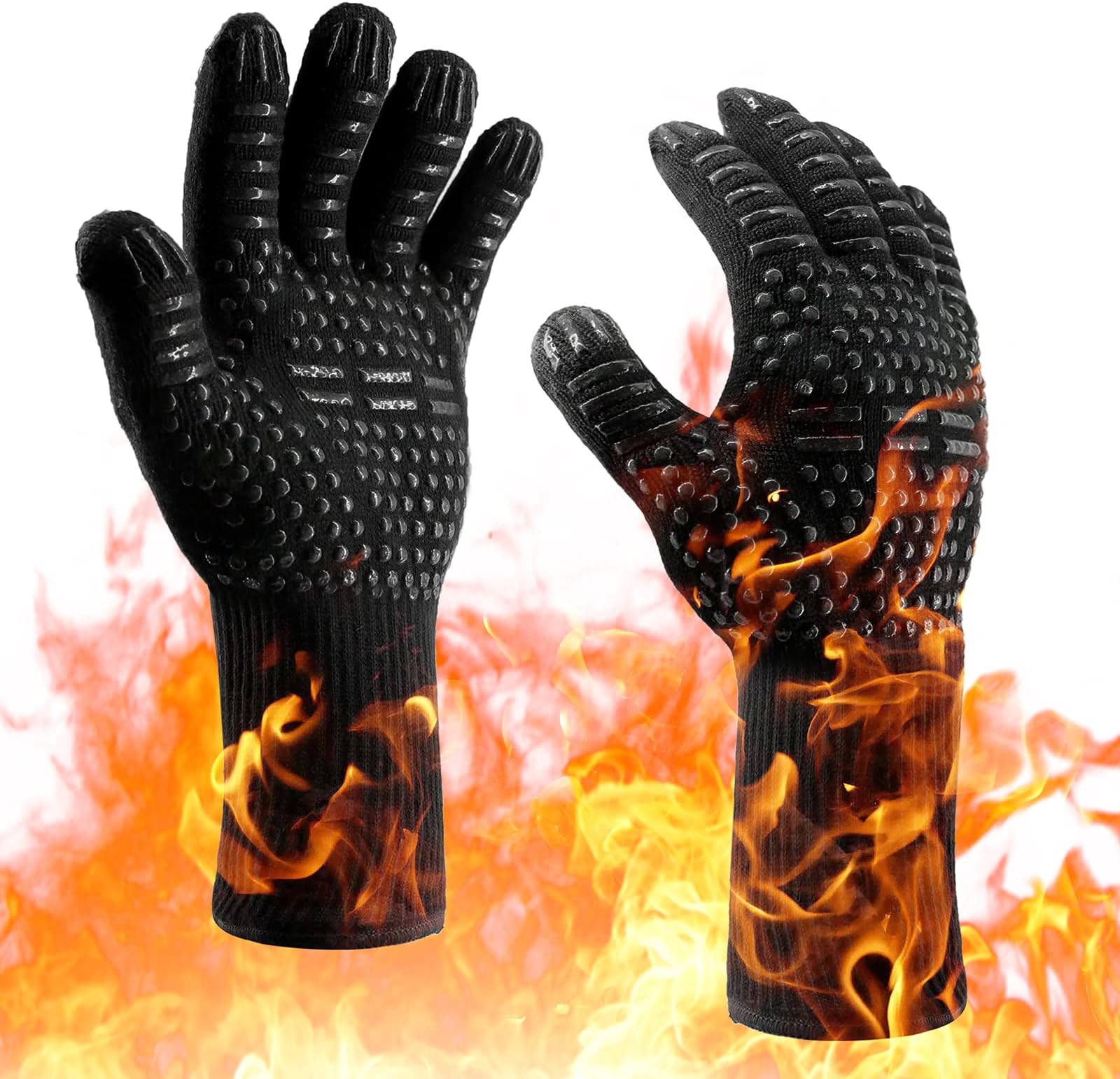 MOAMIOven Gloves 932°F Heat Resistant Gloves, XL Size Cut-Resistant Grill Gloves, Non-Slip Silicone BBQ Gloves, Kitchen Safe Cooking Gloves for Men, Oven Mitts,Smoker,Barbecue,Grilling (Black-XL)