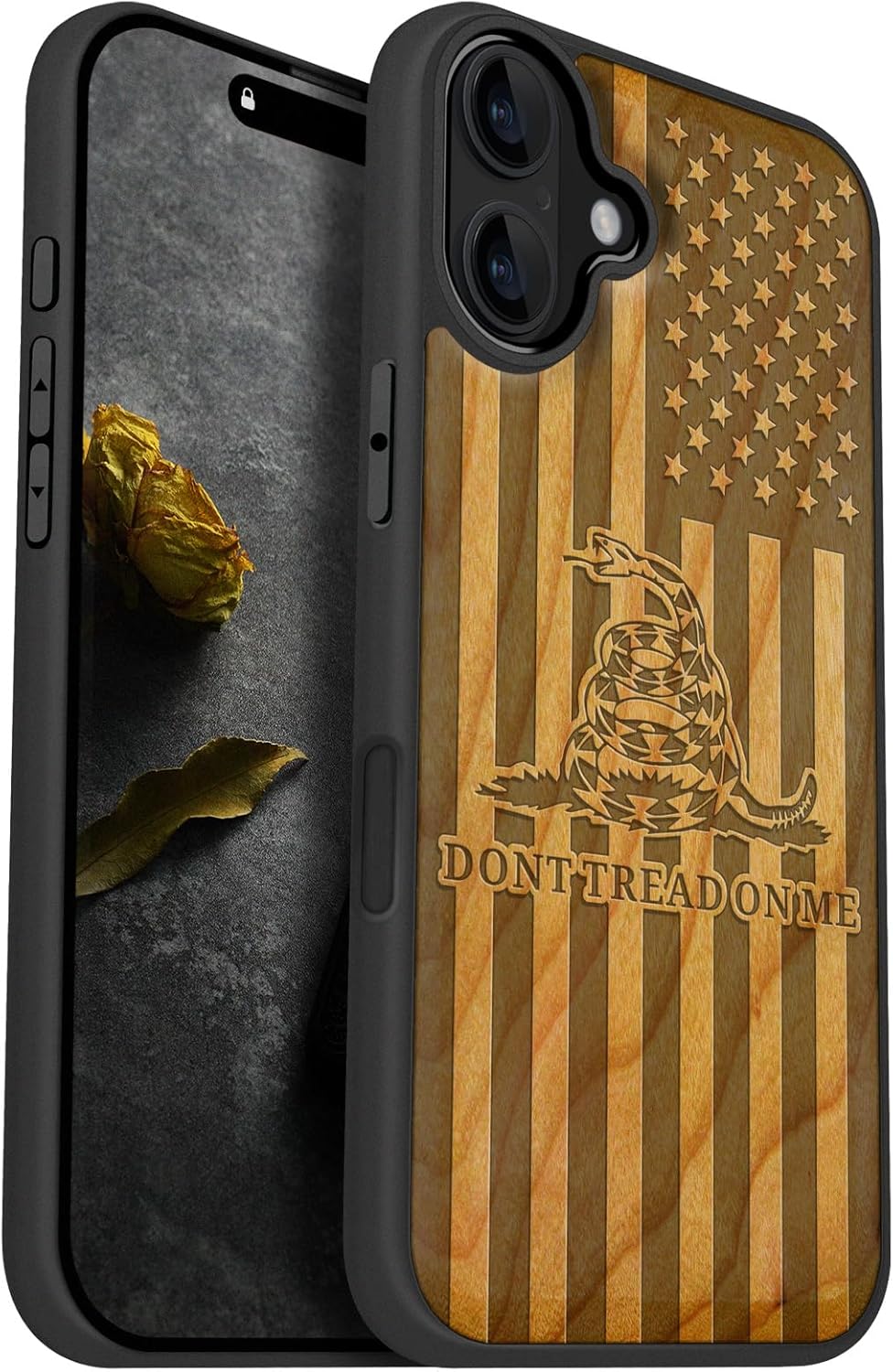 Carveit Magnetic Wooden Case for iPhone 16 Plus Case, Wood Artisan Engraved & Black Soft TPU Shockproof Cover, Compatible with MagSafe Wireless Chargers (Gadsden and American Flag) Cherry