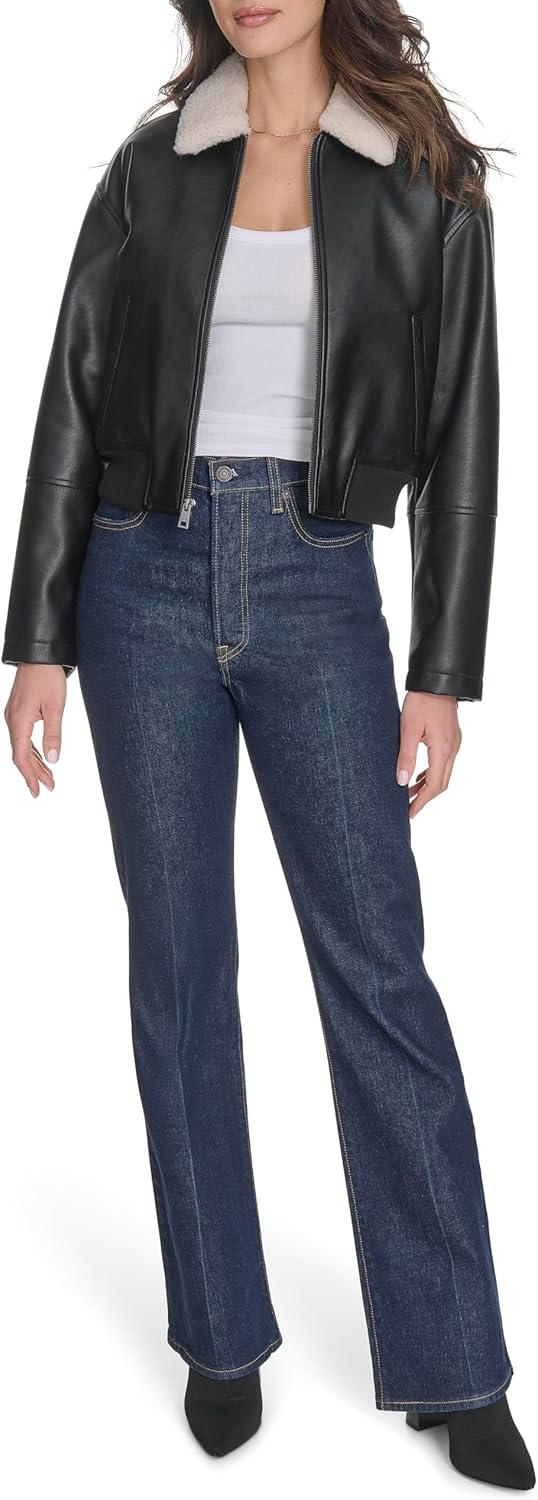 Women's Faux Leather Bomber With Laydown Collar - image 2