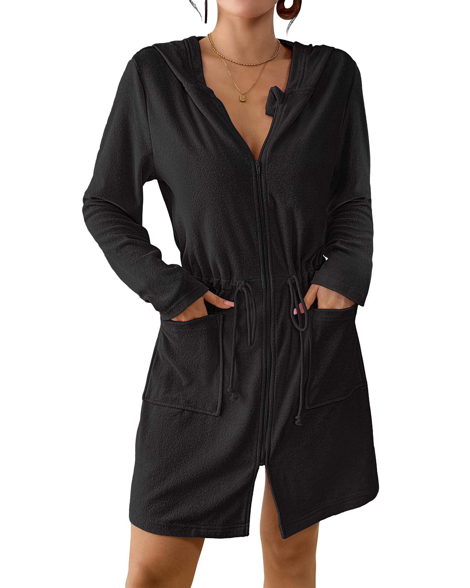 Bsubseach Terry Cloth Cover Up - Women Zip Up Long Sleeve Swimsuit Coverup Hooded Bath Robes with Pockets
