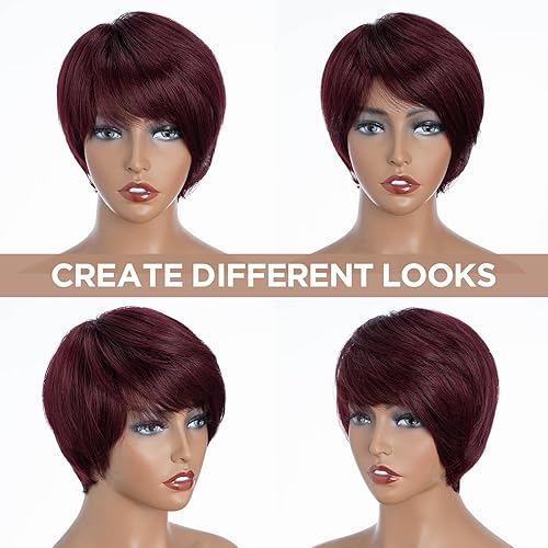 Miniatura 3 de QVR - Peluca de cabello humano con corte Pixie con flequillo, pelucas cortas para mujeres negras, cabello humano de diferentes estilos, peluca Pixie