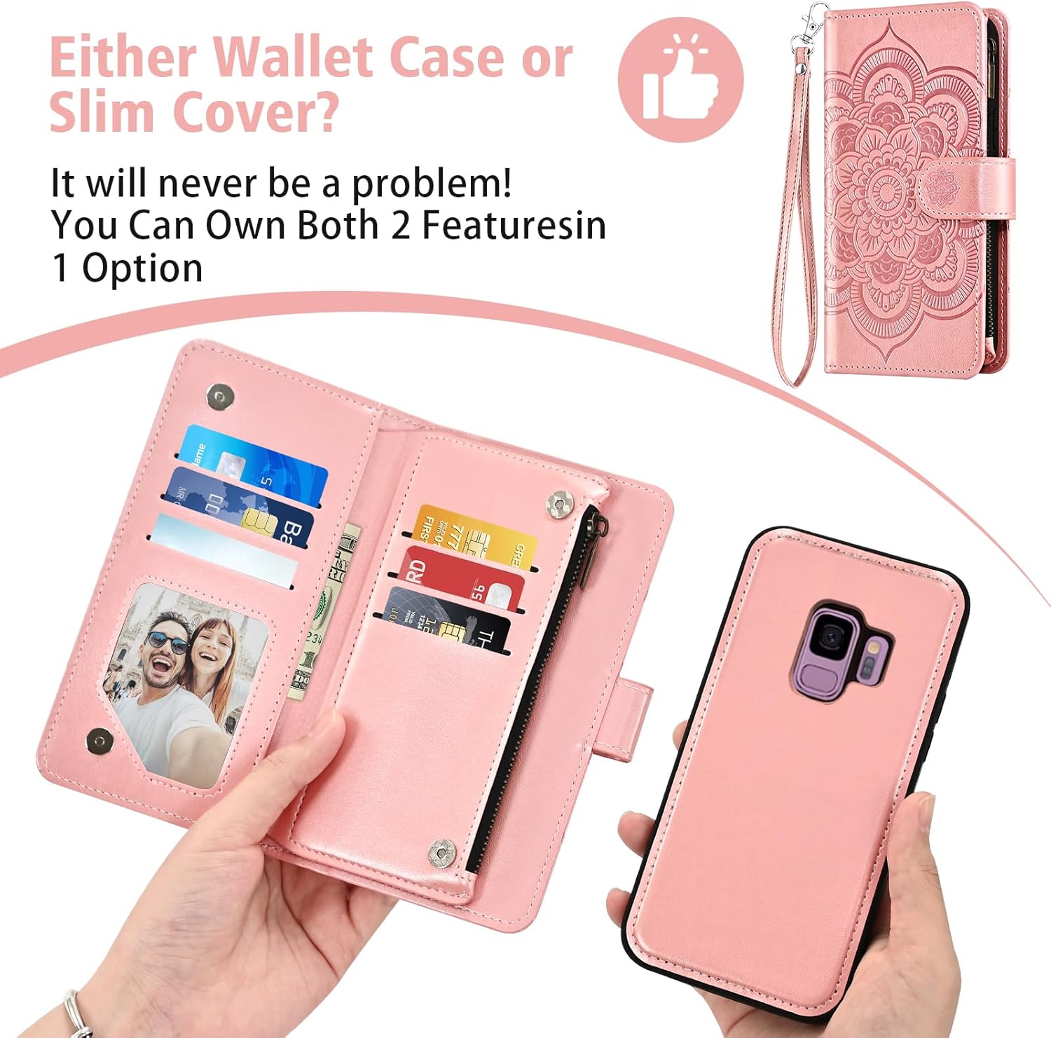 Asuwish Phone Case for Samsung Galaxy S9 Zipper Wallet Magnetic Detachable Cell Cover with Tempered Glass Screen Protector Crossbody Strap Flower Card Holder Slot S 9 Edge 9S GS9 Women Girls Rose Gold
