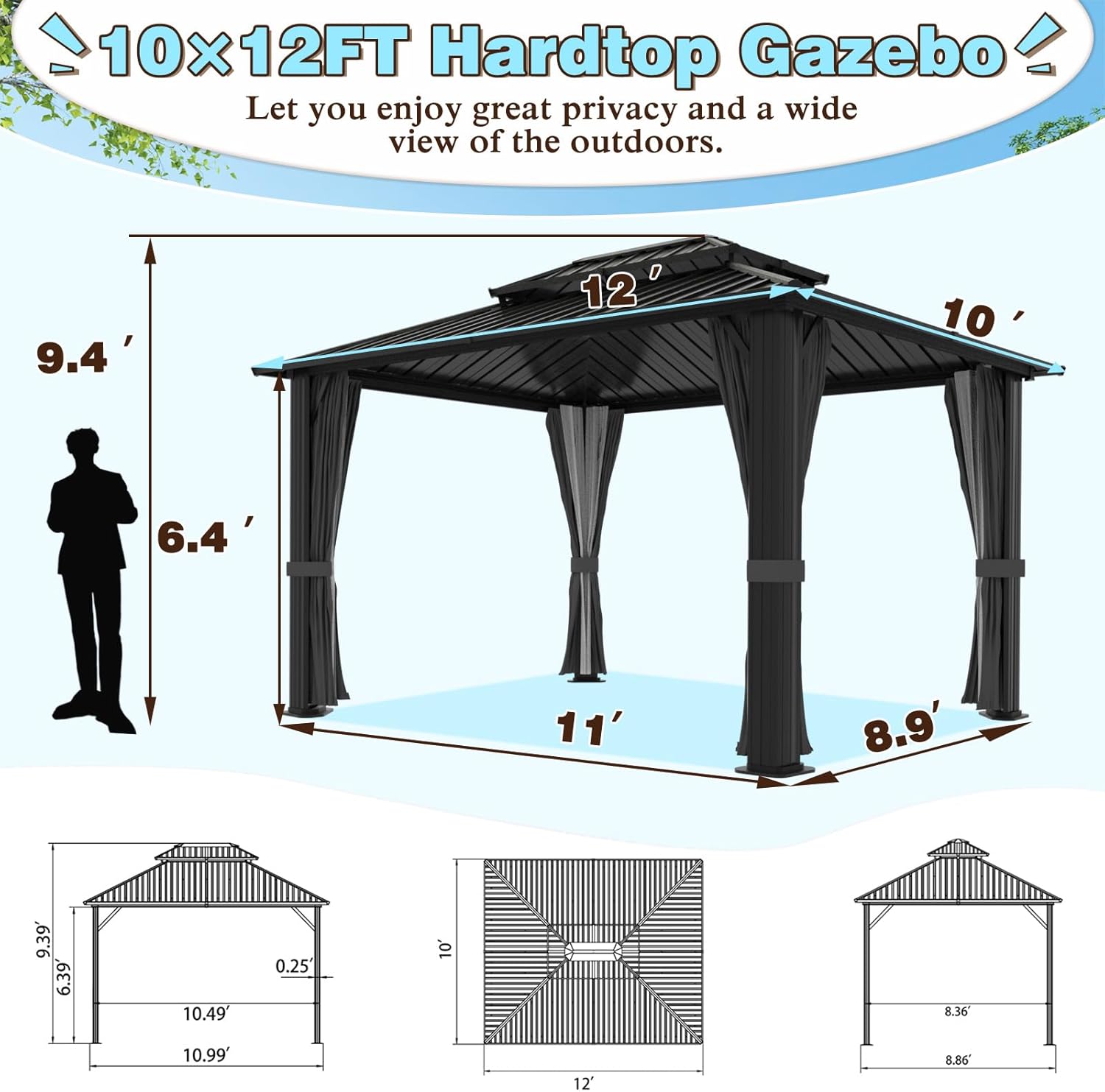 MUPATER 10X12 FT Hardtop Gazebo with Galvanized Steel Double Roof, Outdoor Metal Pergola Gazebo with Aluminum Frame, Nettings and Curtains for Garden, Lawn and Patio, Black