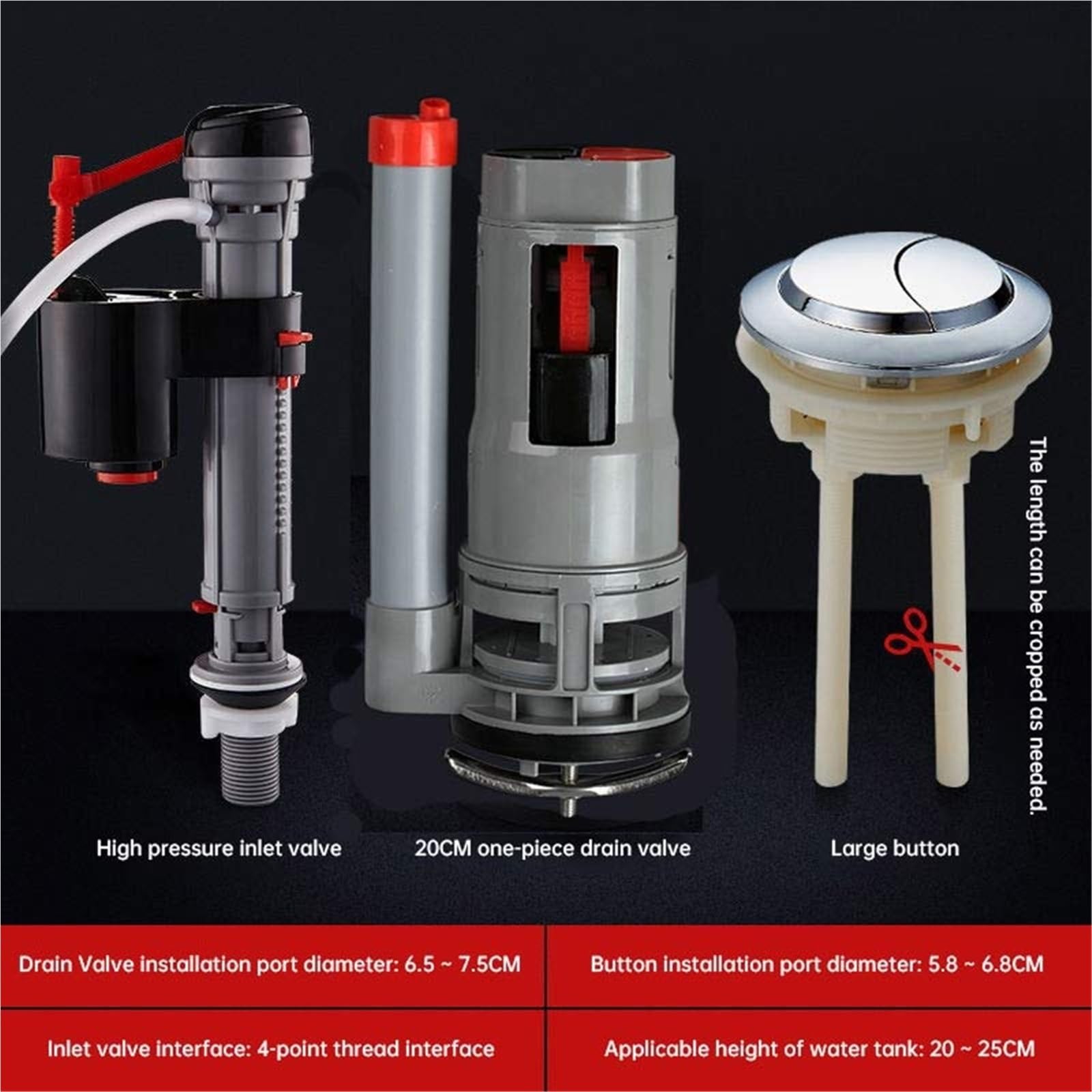Válvula de descarga para cisterna de WC 20CM To 28CM Toilets Filling Valves Water Tank Repair Fittings Kit Original Cistern Dual Flush Valve with Push Button(20cm)