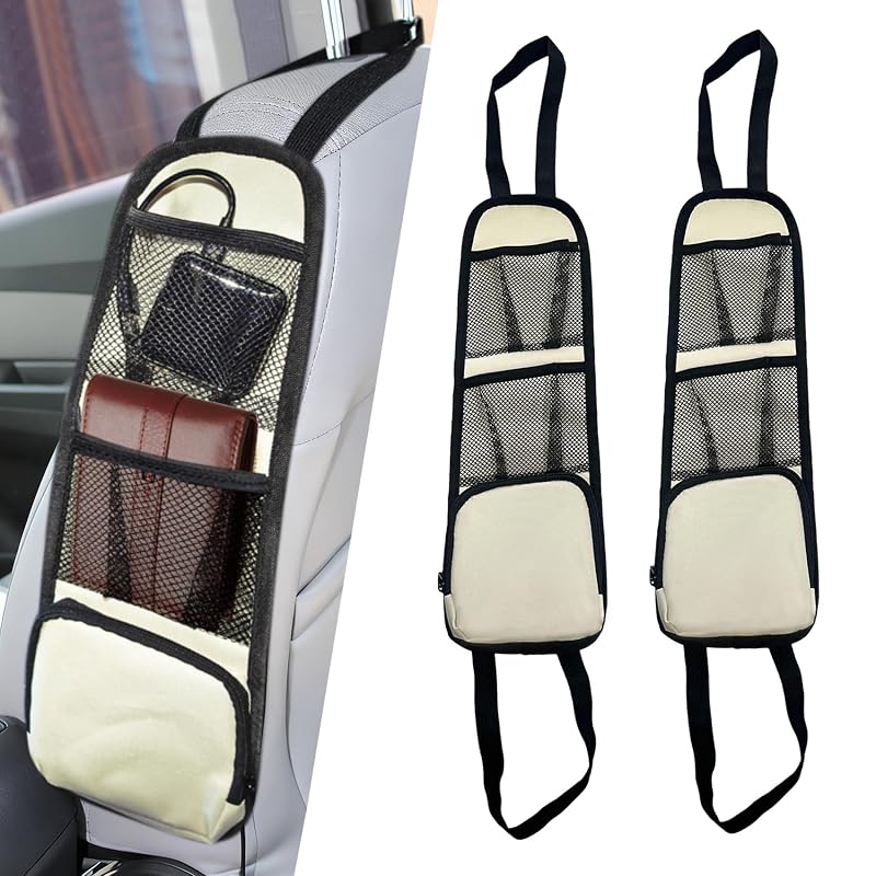 Kit com 2 Organizadores Laterais para Banco de Carro YUPIKJI com 3 Bolsos em Tecido Oxford Bege