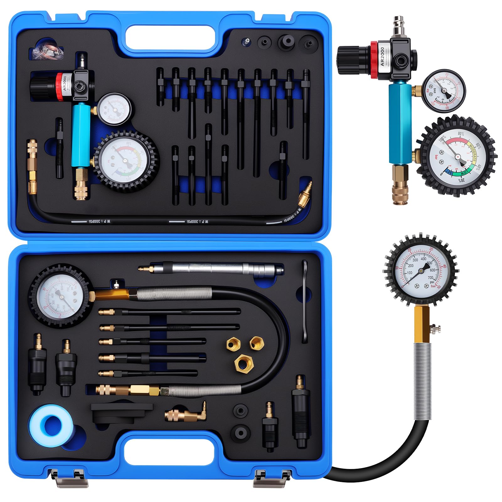 KAOLALI 46Pcs Comprobador de Compresión, Comprobador de Pérdida de Presión, 0-725 PSI, Comprobador de Motores para Motores Diésel y Gasolina HDi, Autos y Camiones, M24, M22, M20, M14, M12, M10, M8
