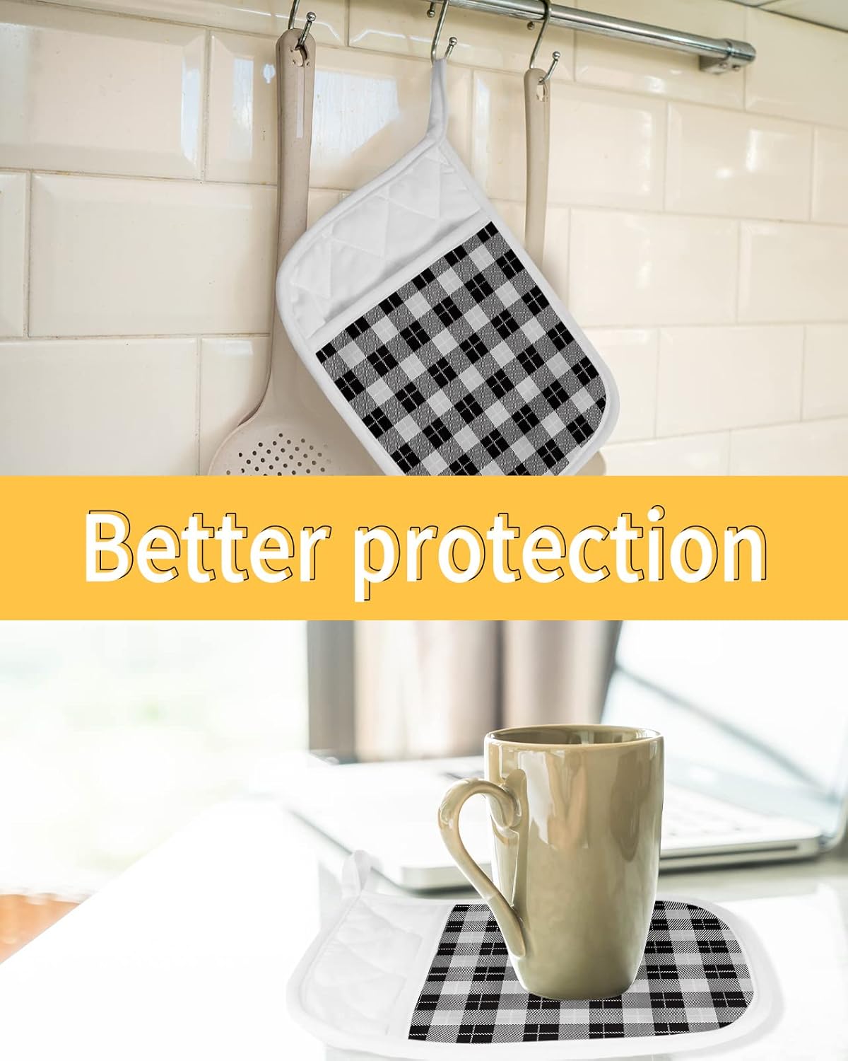Pot Holders with Pockets, Heat-Resistant Hot Pads for Kitchen, Black and White Plaid Oven Mitts Pot Holders Sets Potholders for Baking Cooking Pack of 5