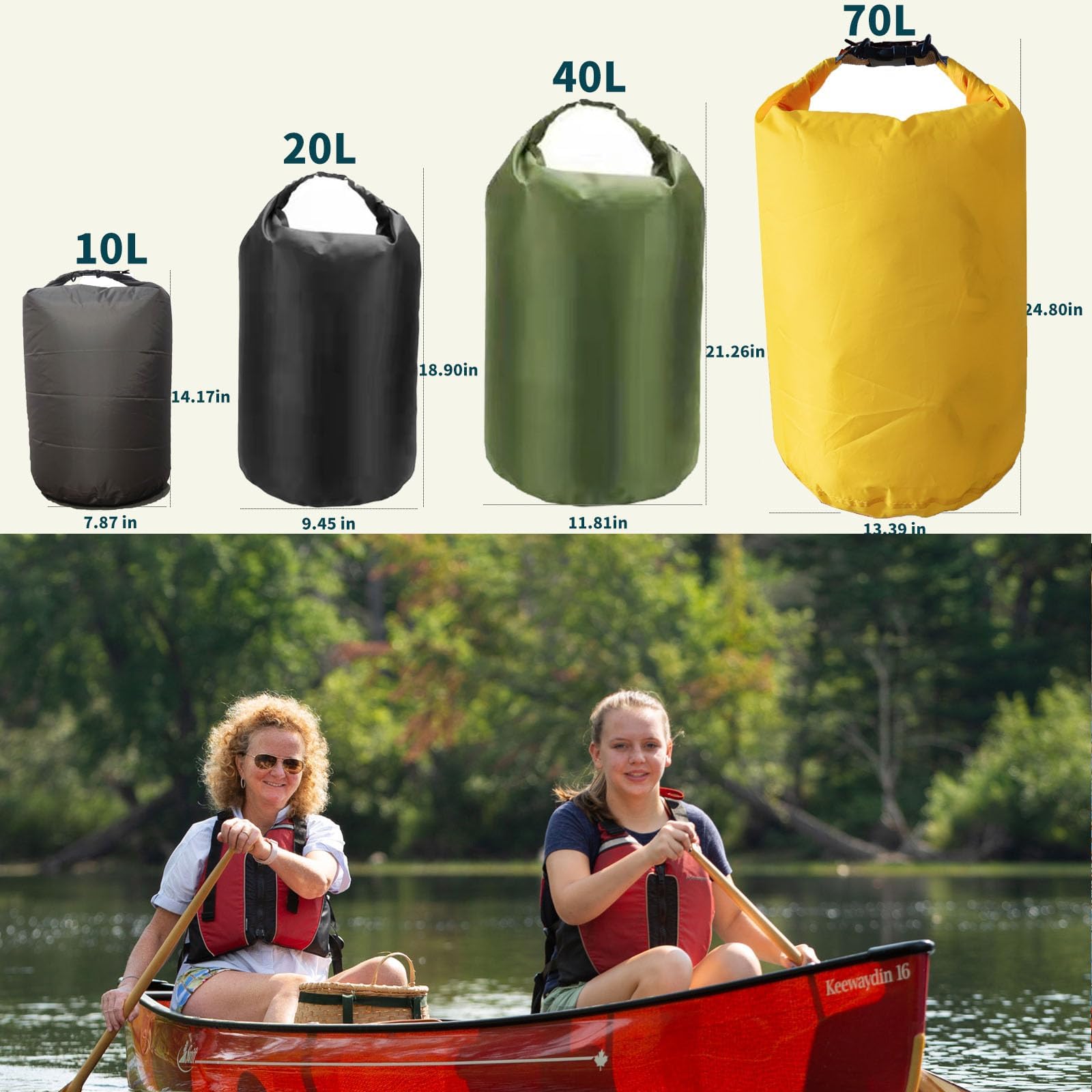 Bolsas secas impermeables, ultraligeras, 10L/20L/40L/70L, bolsa enrollable para kayak, playa, rafting, canotaje, senderismo, camping, natación (negro, 40 L)